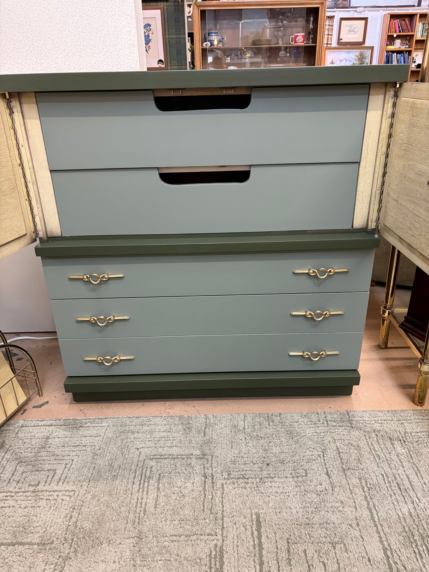 Mid Century Dresser with Two Tone Paint Green Highboy