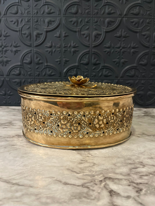 Oval Brass Cricket Box with Flowers on Top