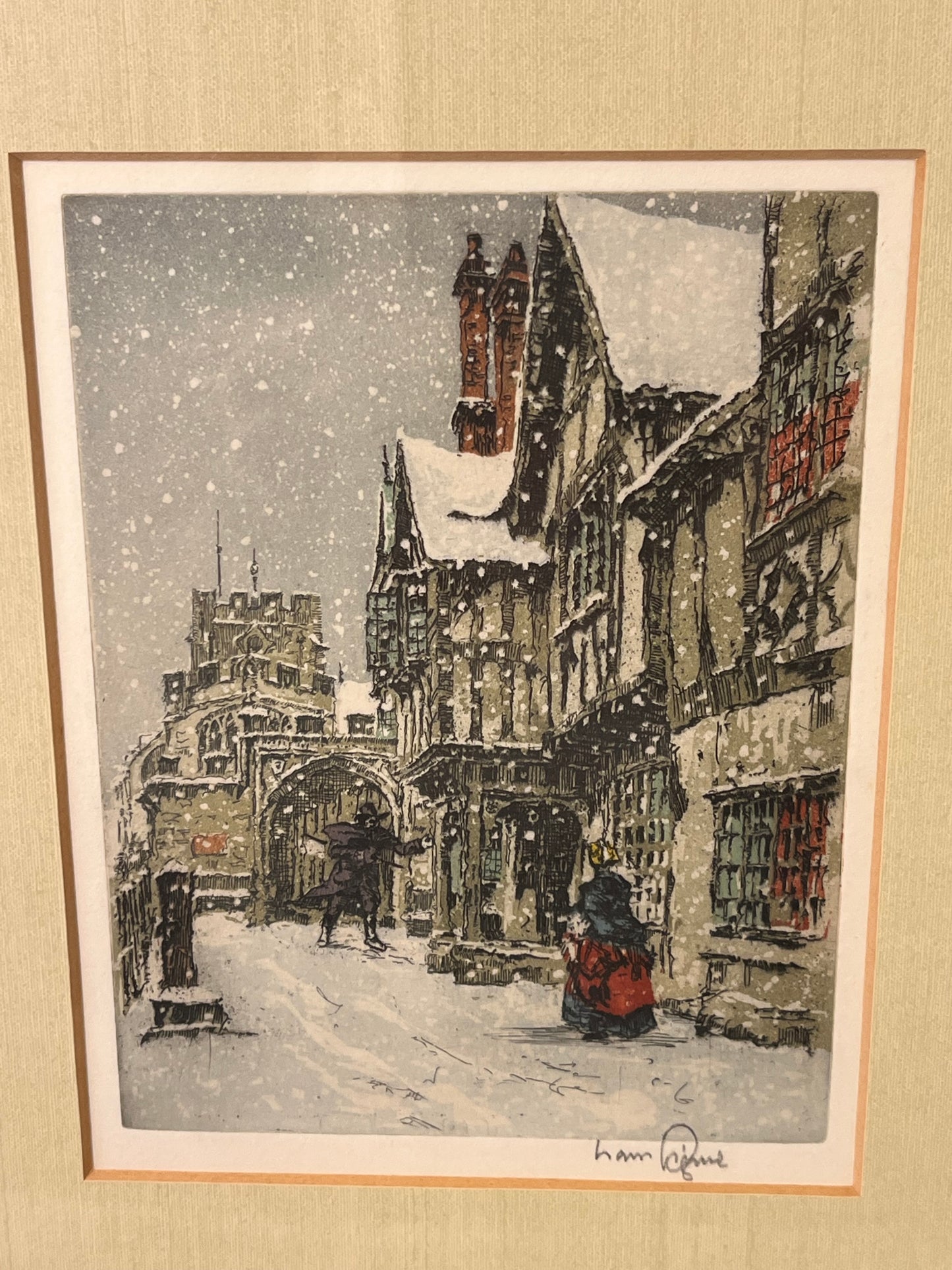 Snowy European street framed print
