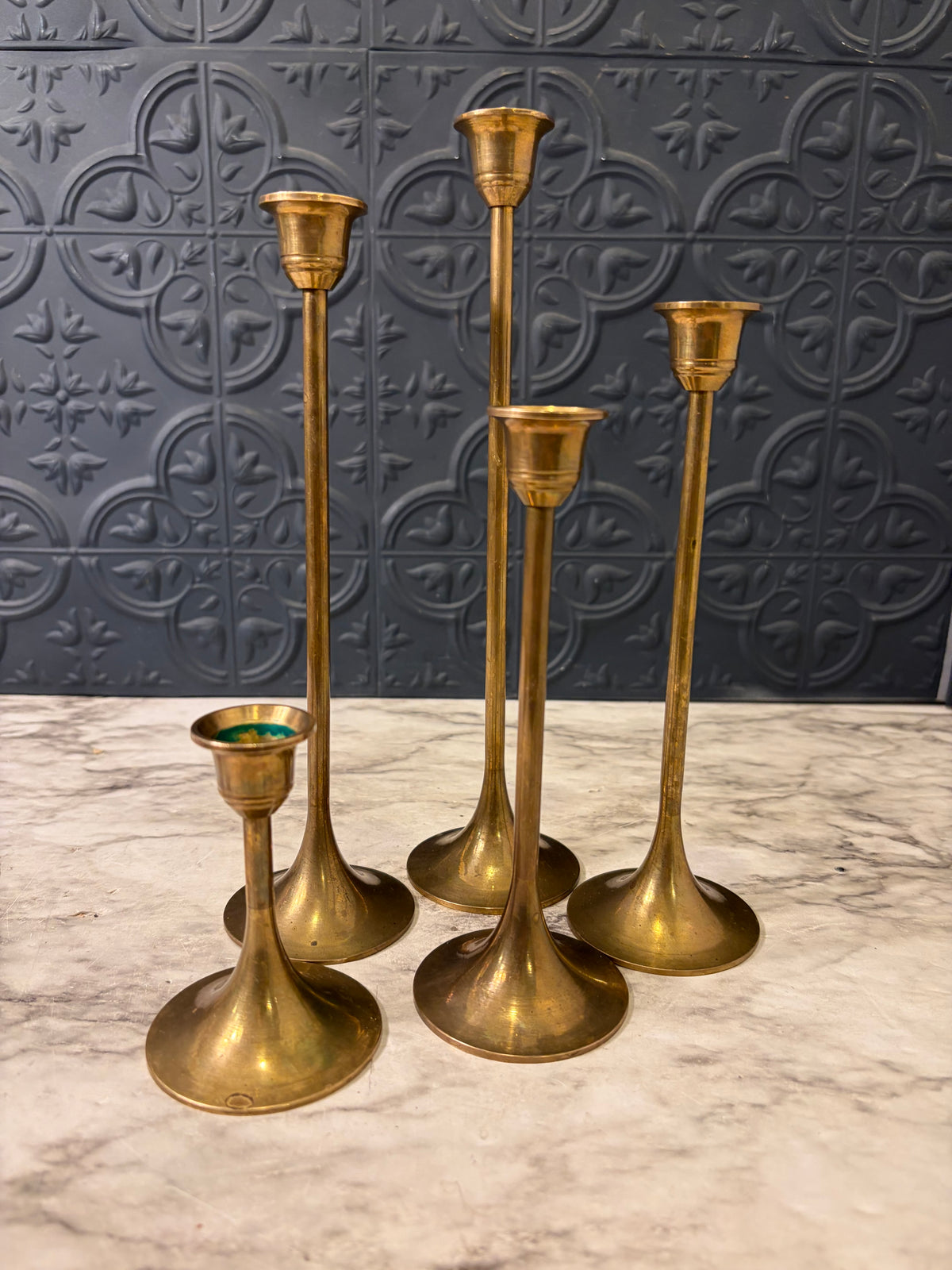 Set of 5 Skinny Brass Candle Holders 9.5" to 3"