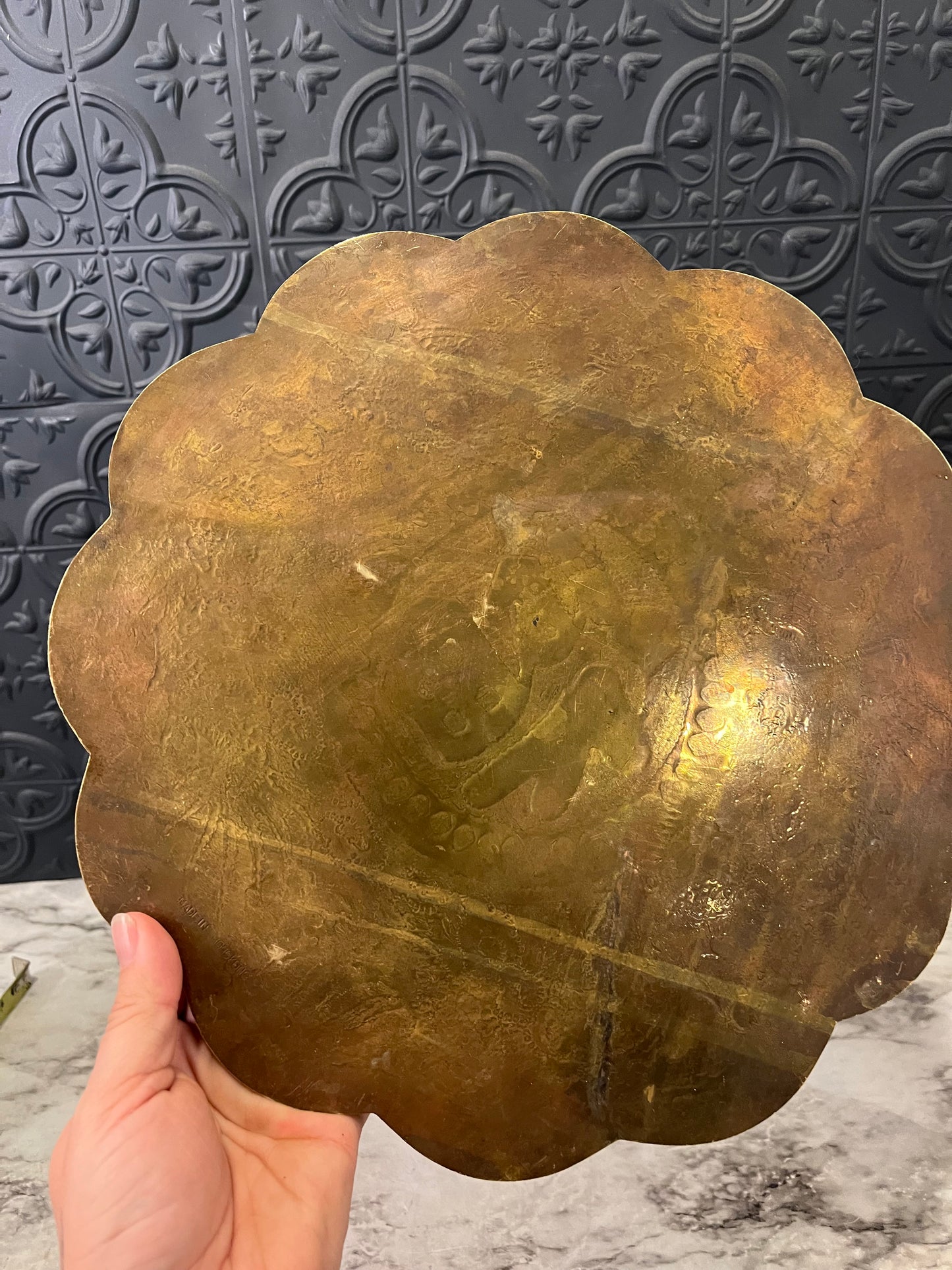 Scallopped Etched Brass Tray with Dragons