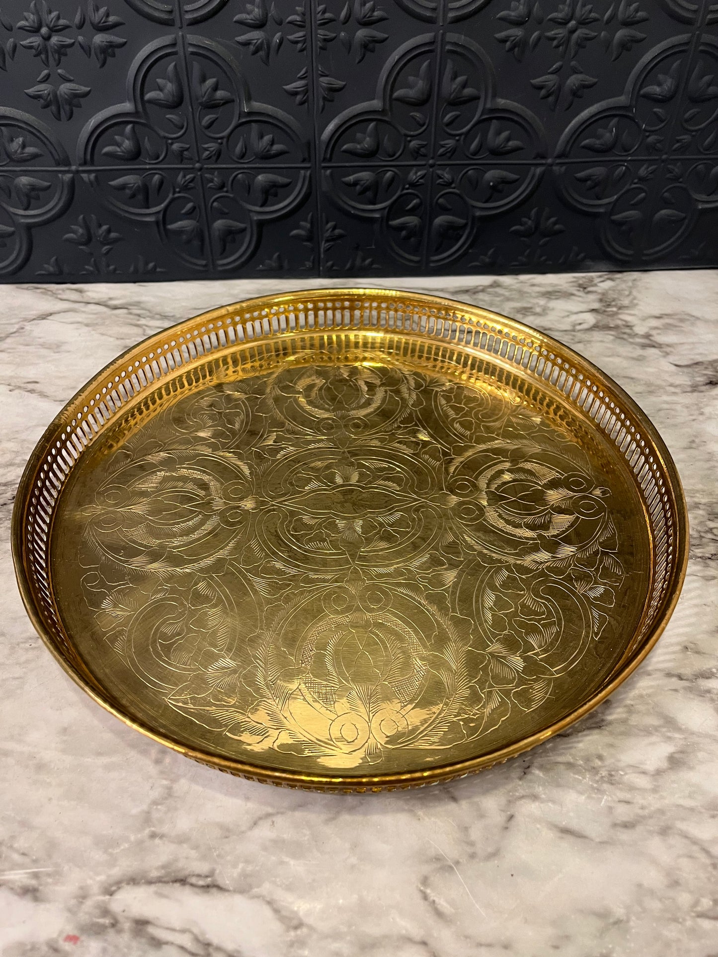 Round Brass Etched Tray with Cutouts 12"