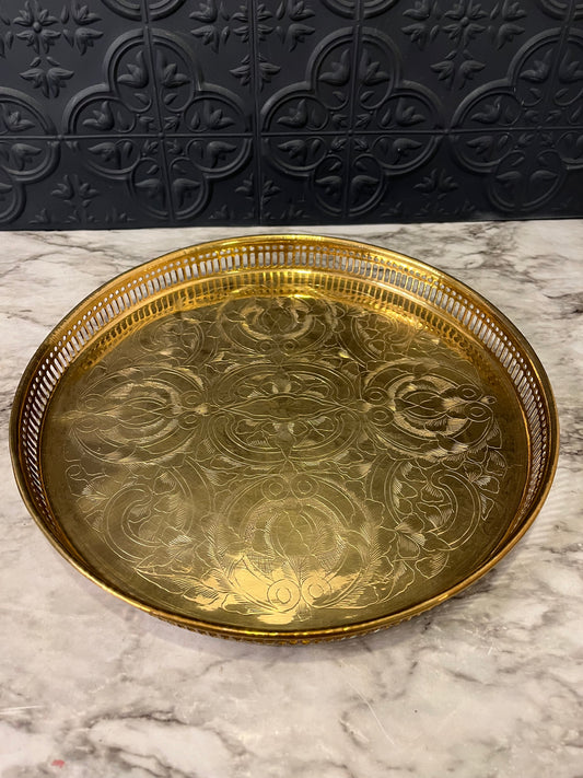 Round Brass Etched Tray with Cutouts 12"