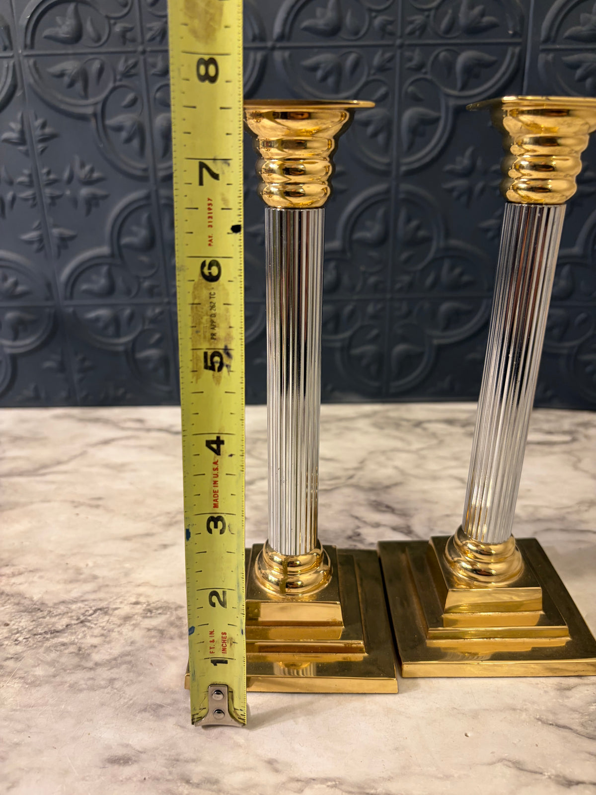 Brass and Silver Column Candle Holder Set of 2