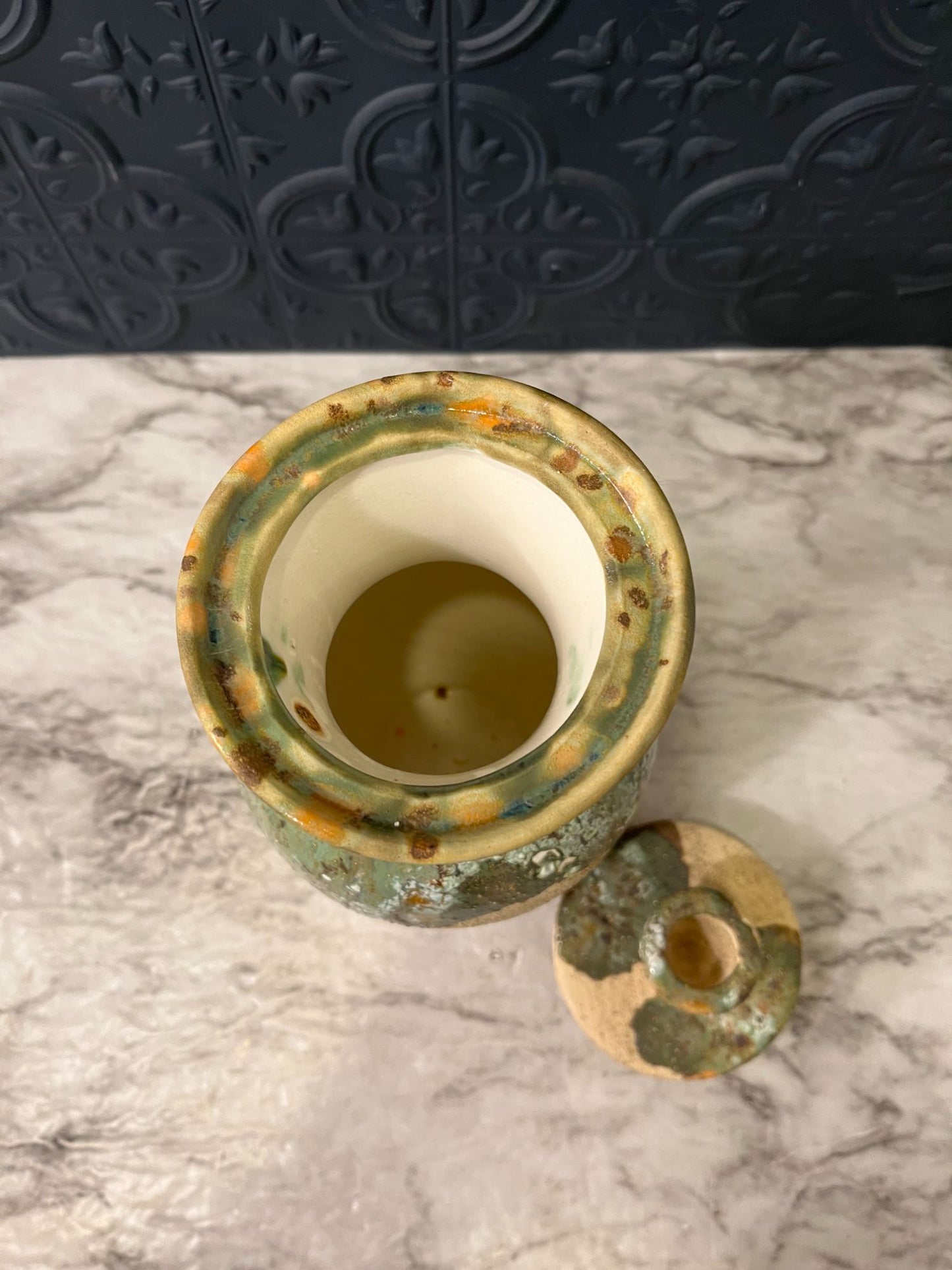 Rough Tan Pottery Jar with Lid  and green drip