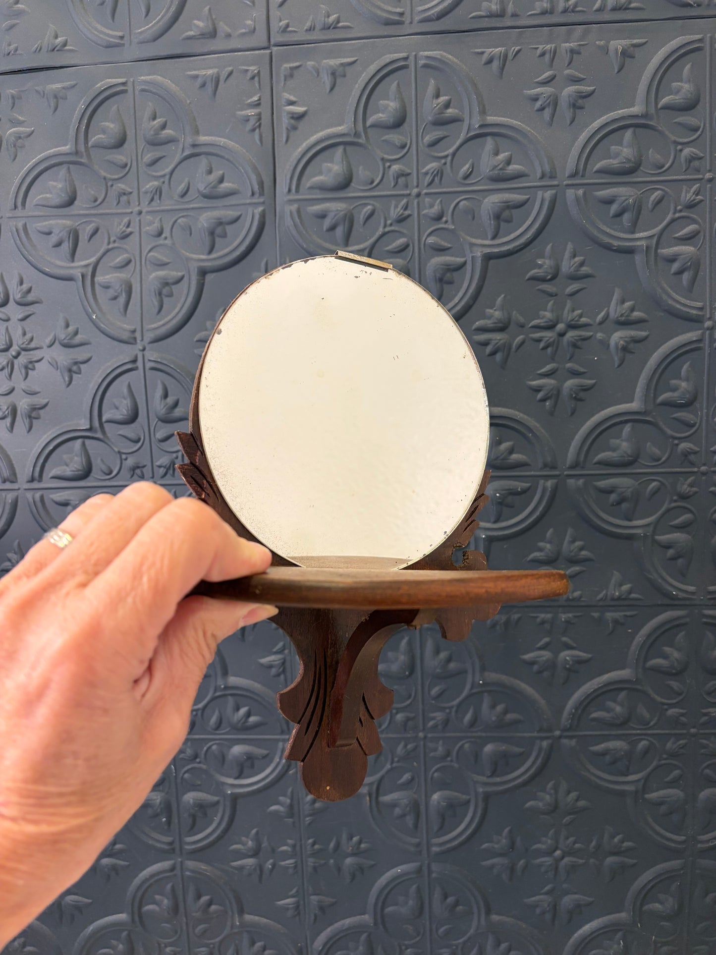 Vintage Wood Trinket shelf with Round Mirror