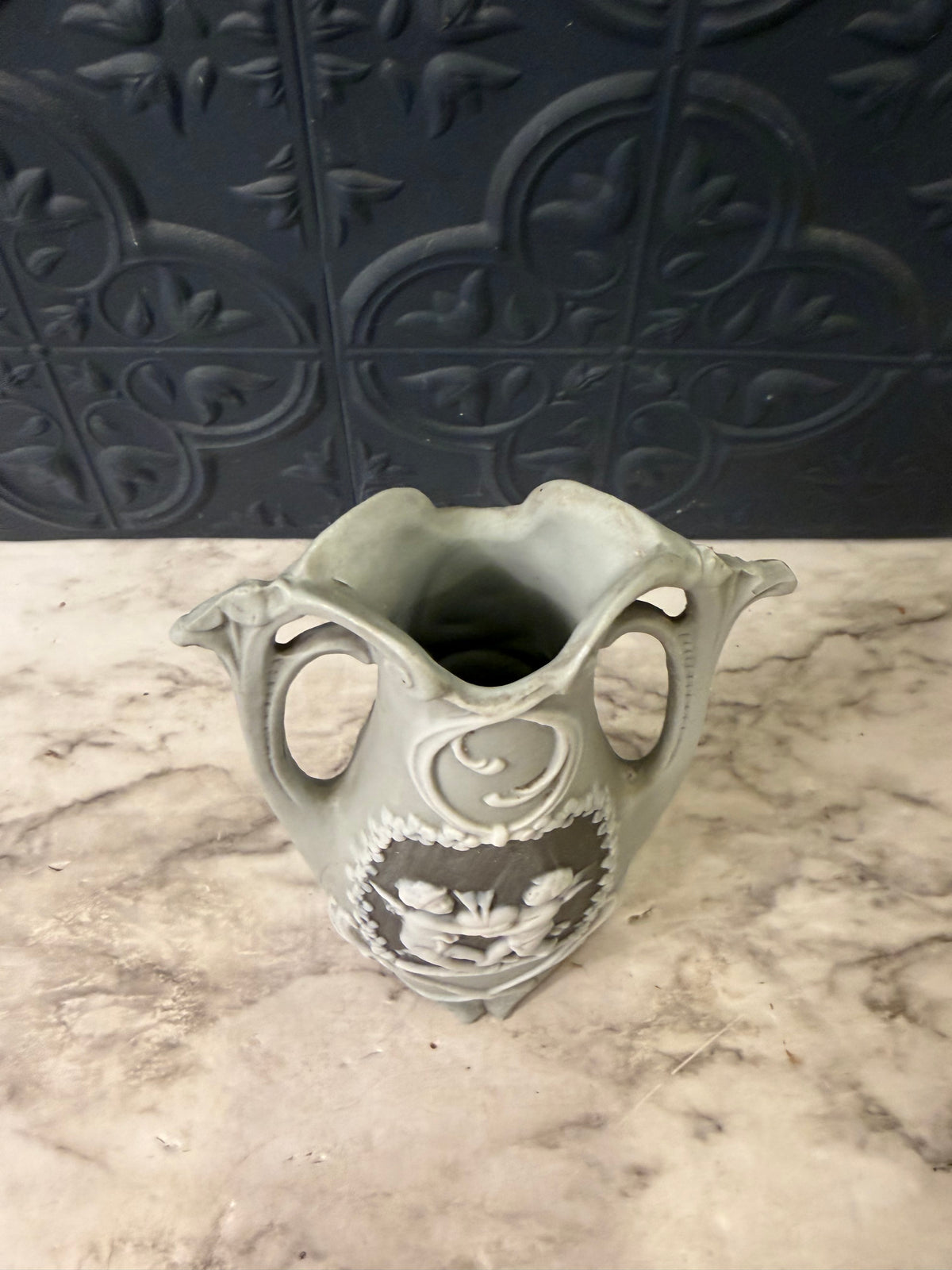 Double Handle Bisque Porcelain Vase with Cherubs