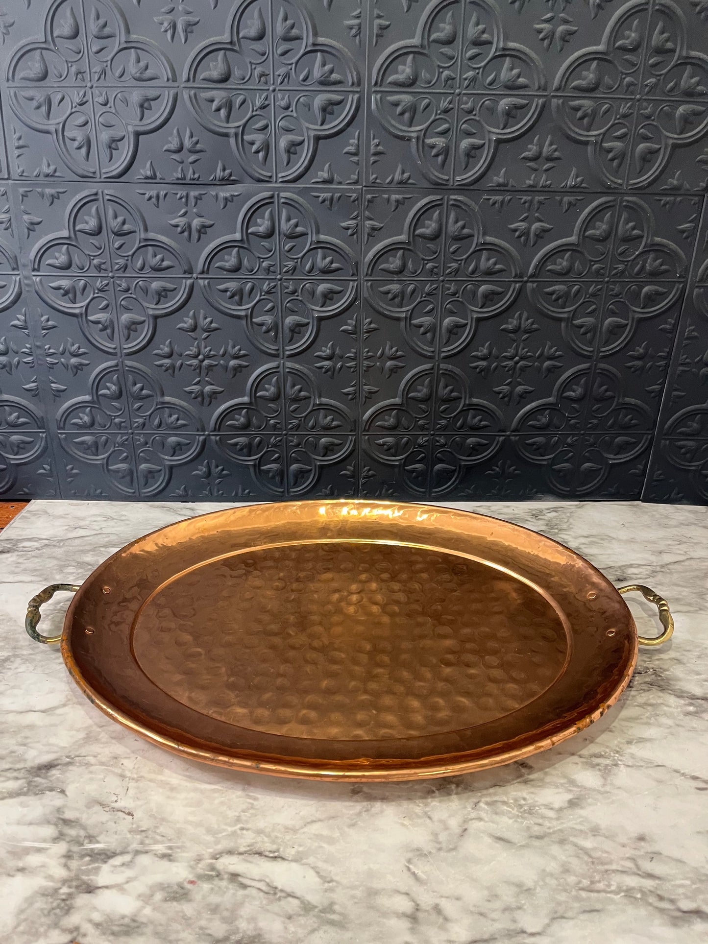 Oval Hammered Copper Tray with Brass handles 17"