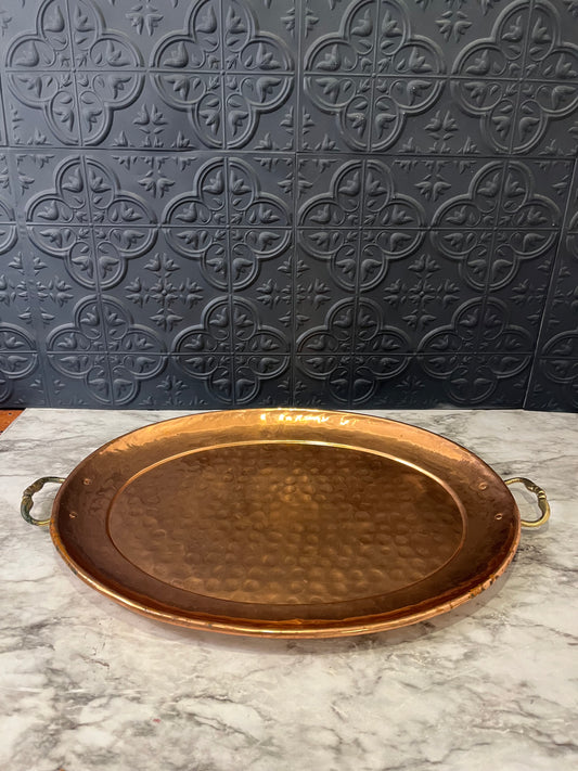 Oval Hammered Copper Tray with Brass handles 17"