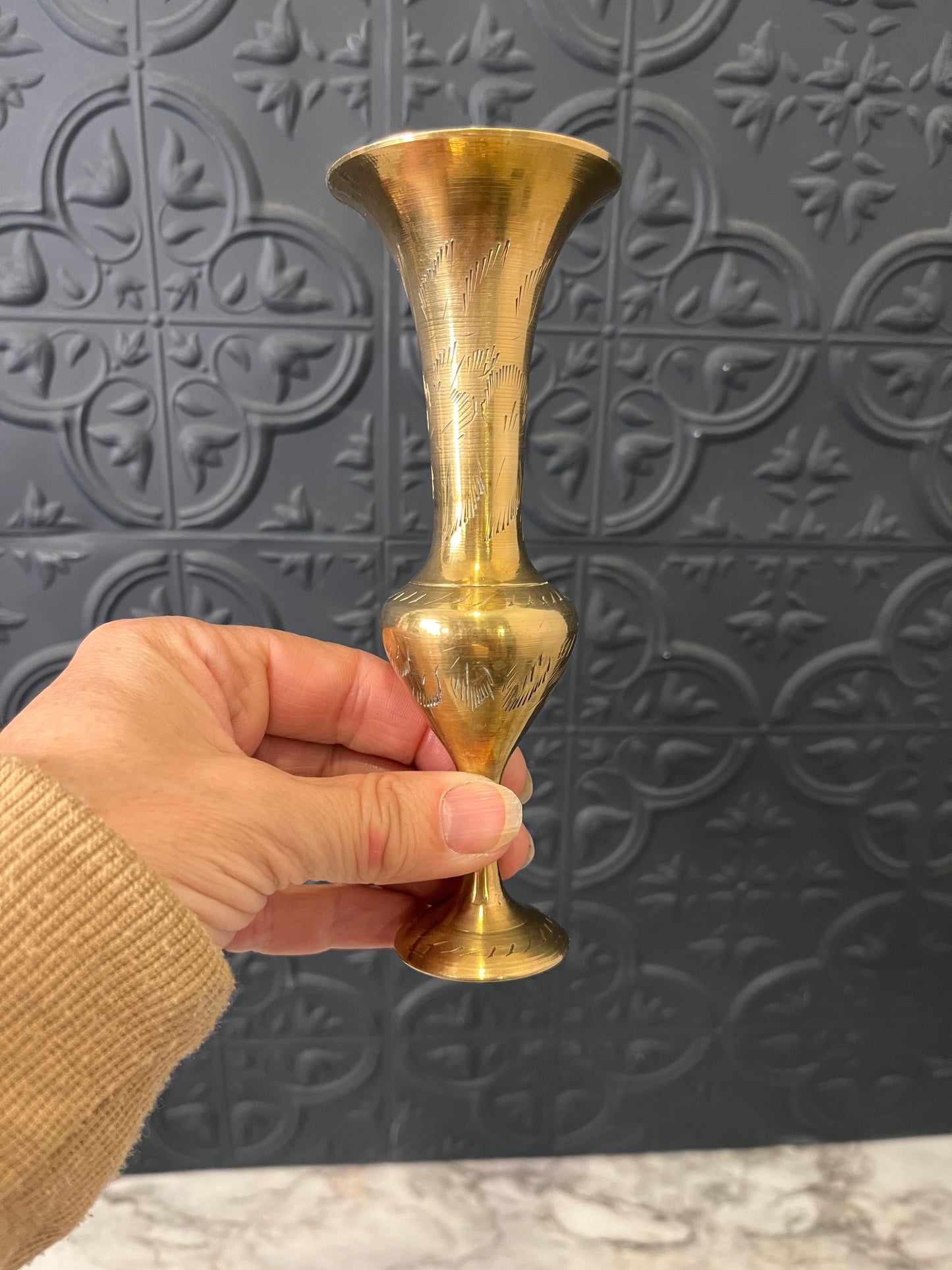 Small Etched brass fluted vase 6"