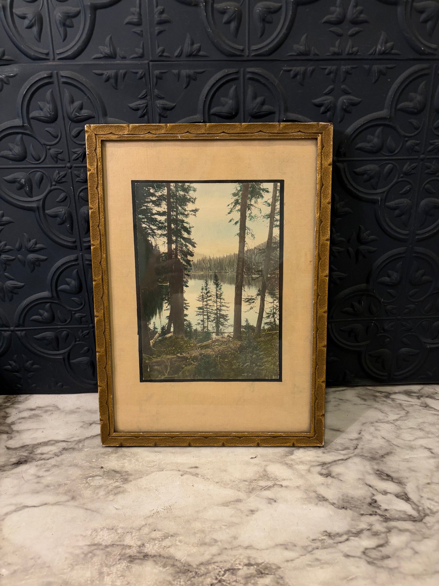 Vintage art of Mountain Lake in  Gold Frame