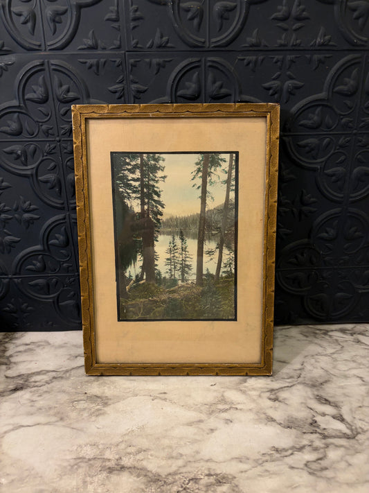 Vintage art of Mountain Lake in  Gold Frame