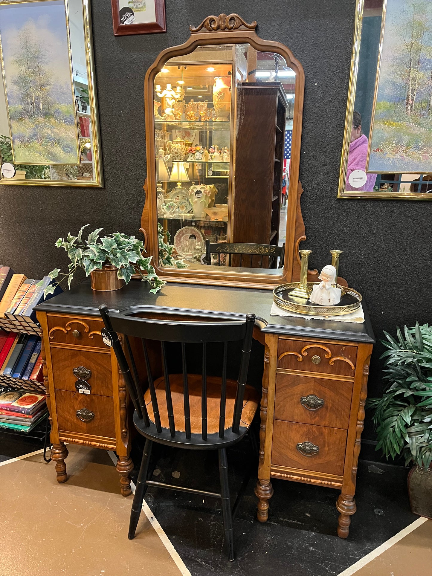 Antique Vanity with Black Top and Mirror