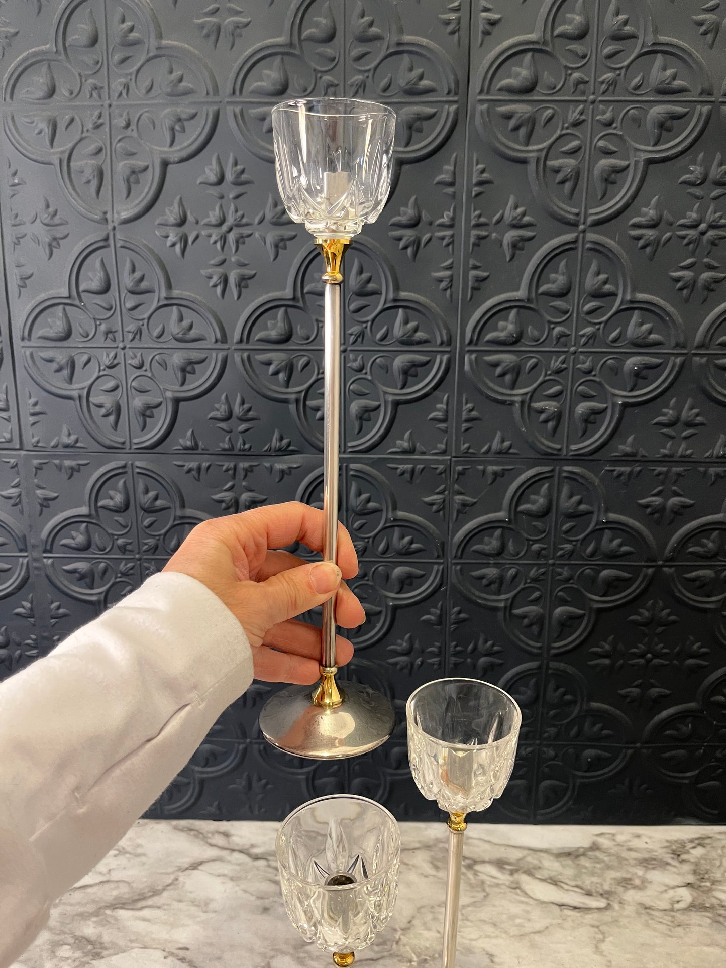 Set of 3 Crystal and Silver Plate Candle Holders