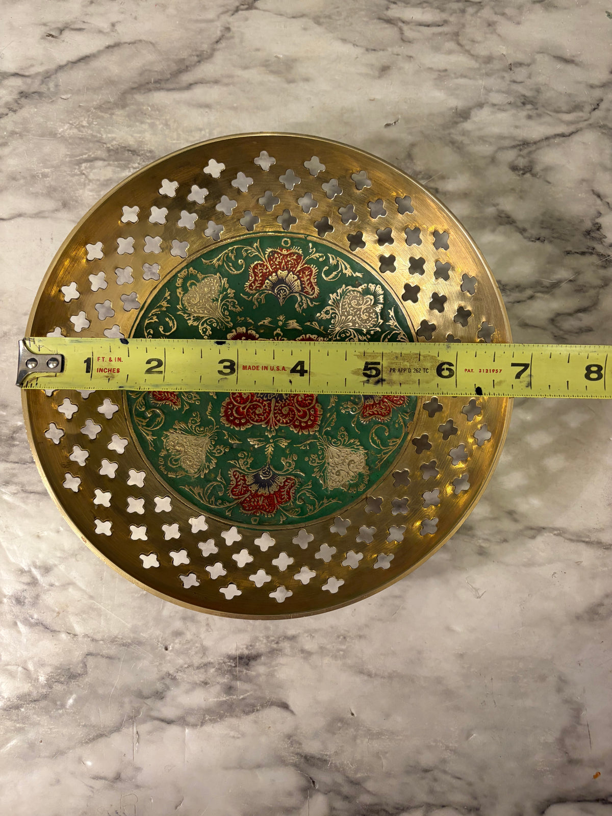 Green and Red Enamel Bowl with Brass Cutouts 6.75"