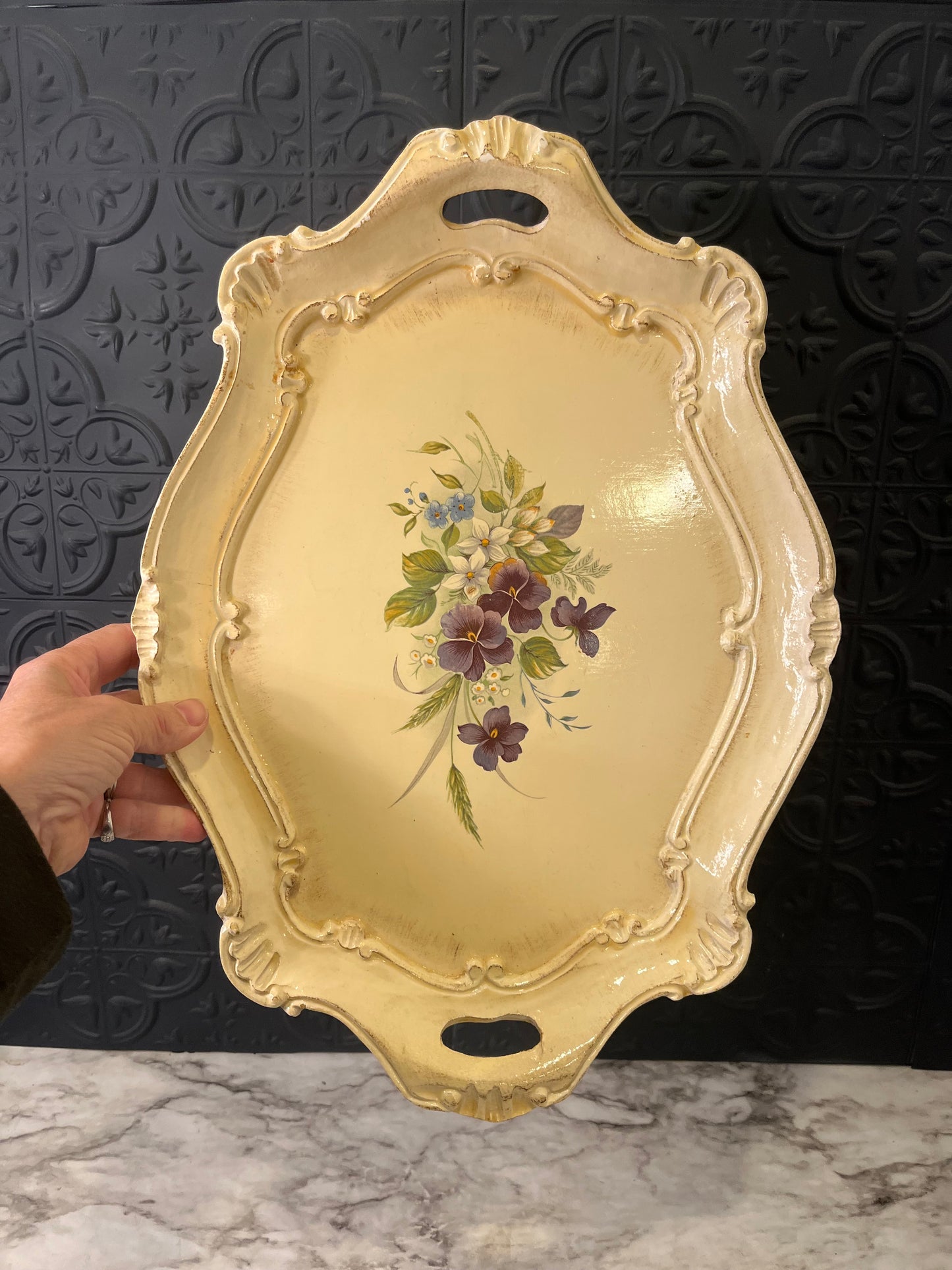 Cream Italian Wood Tray with Purple Flowers