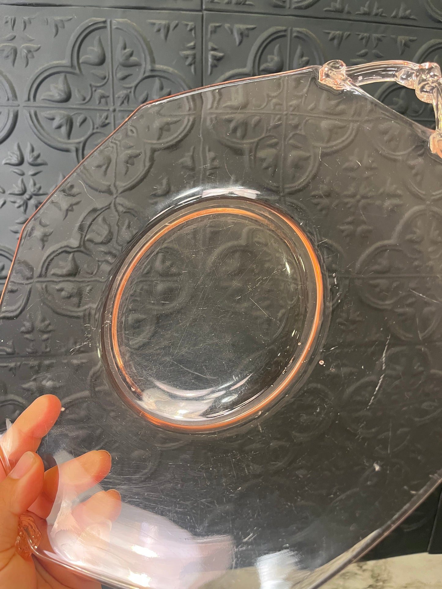 Pink Glass Plate with Handles