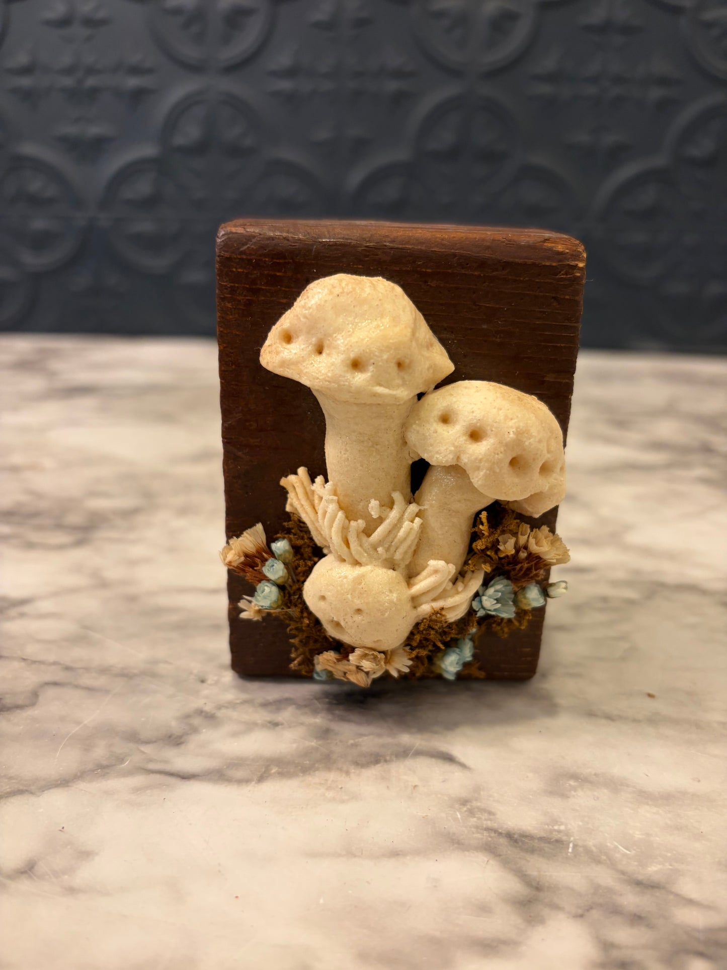 Handmade Mushrooms on Wood Block Sm.
