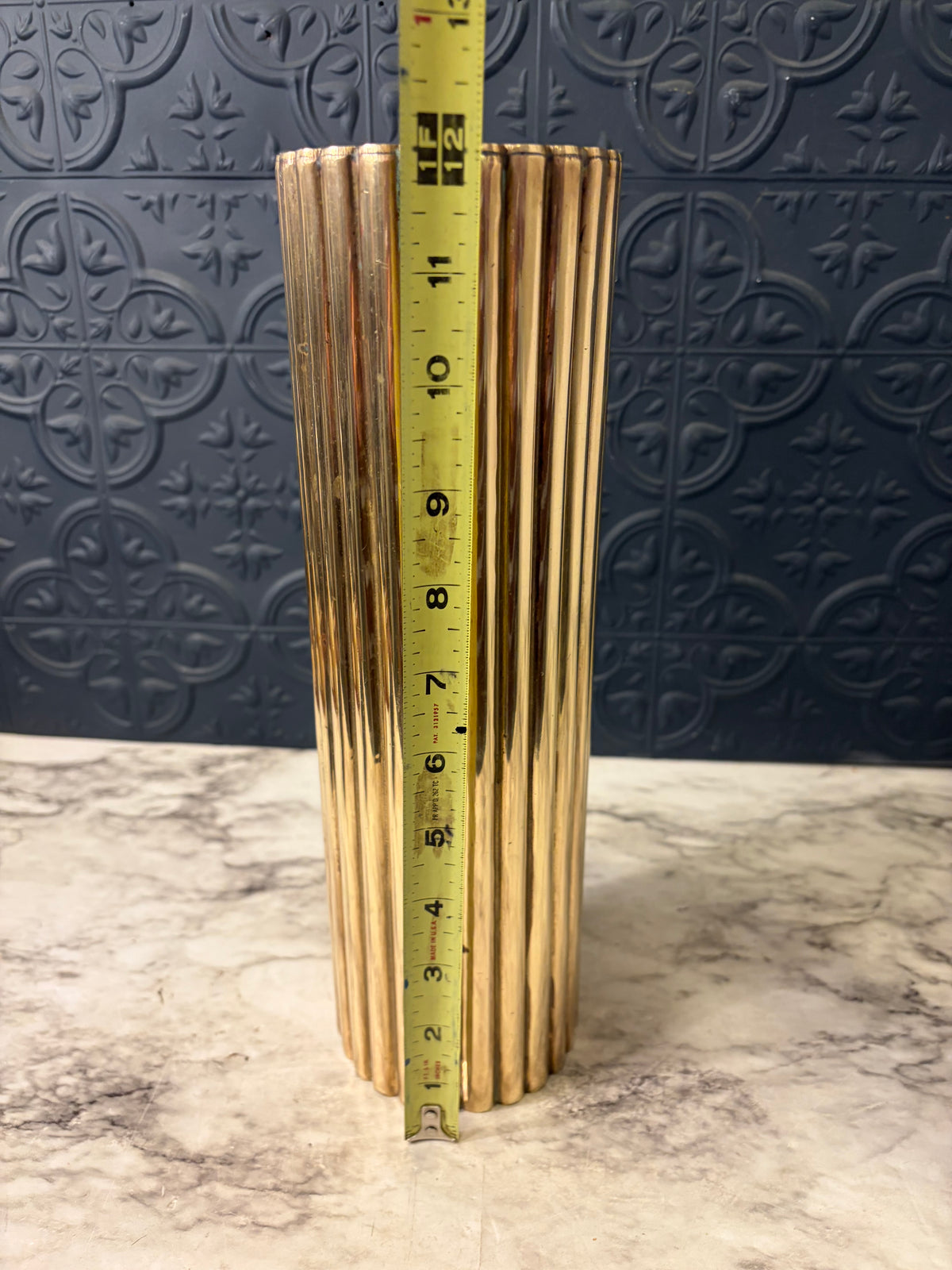 Tall  Ribbed Cylinder Brass Vase