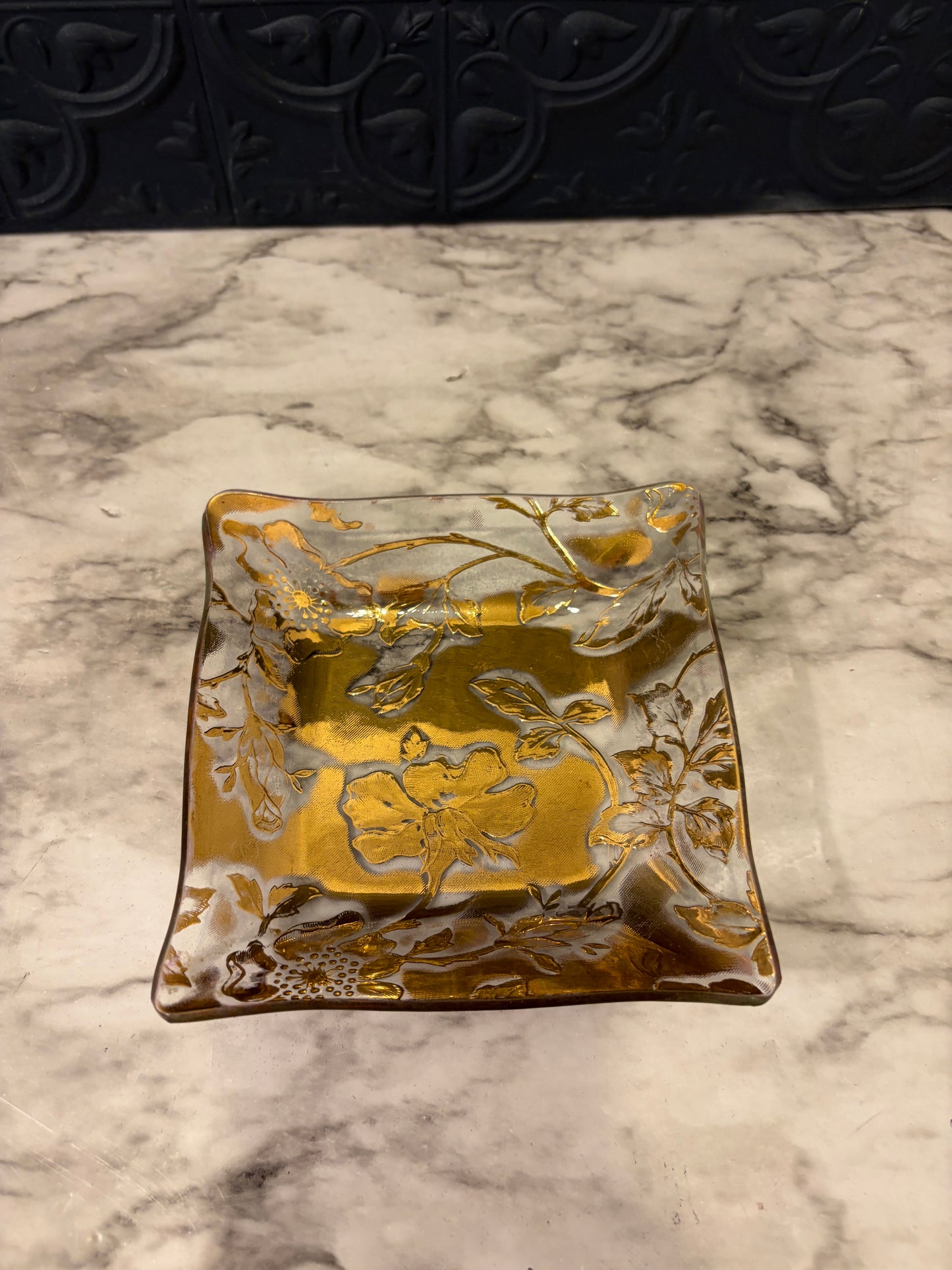 Square Gold and Glass Floral Plate