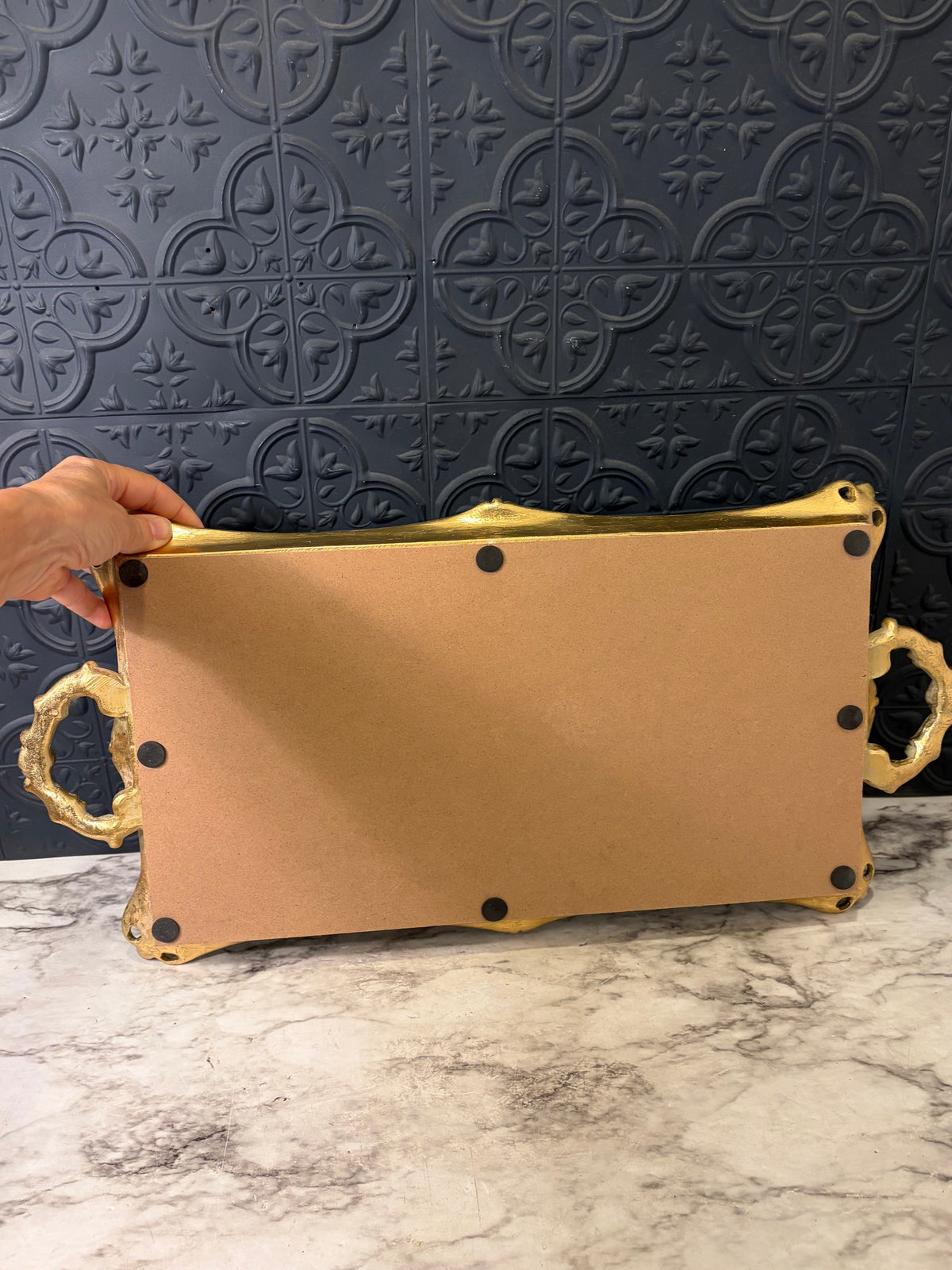 Rectangle Ornate Gold Tone Tray with Gold Design on Mirror AS IS