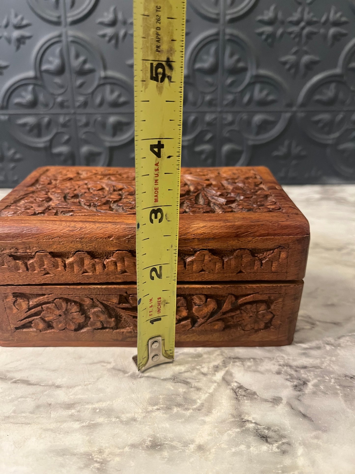 Carved Wood Box with Flowers 6"