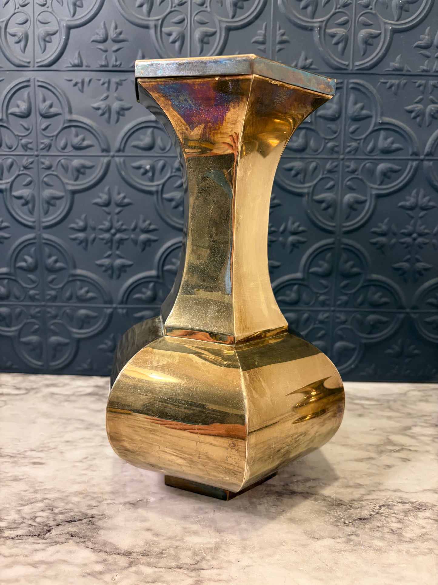 Six Sided Brass Vase with Lid