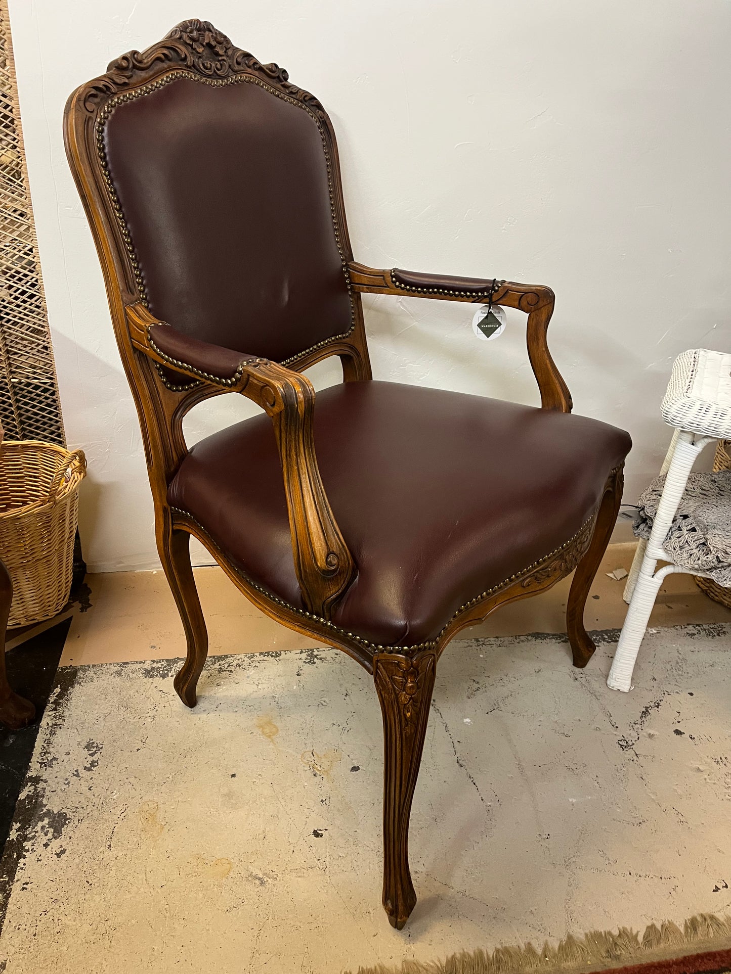 Maroon Faux Leather Carved Wood Arm Chair