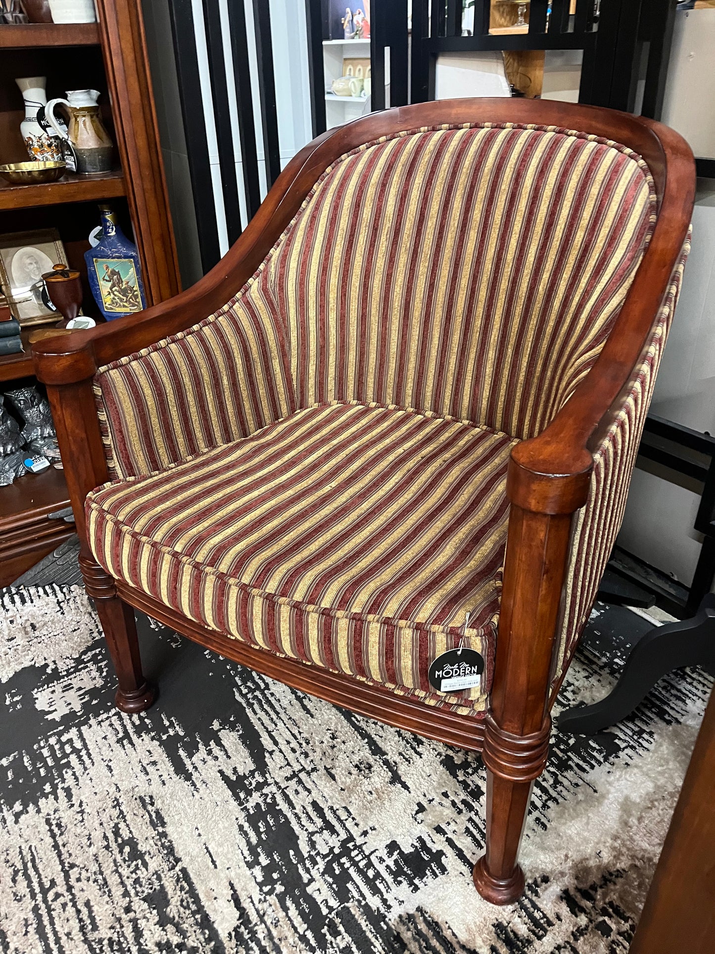 Vintage Barrel Chair Gold and Burgundy Stripe
