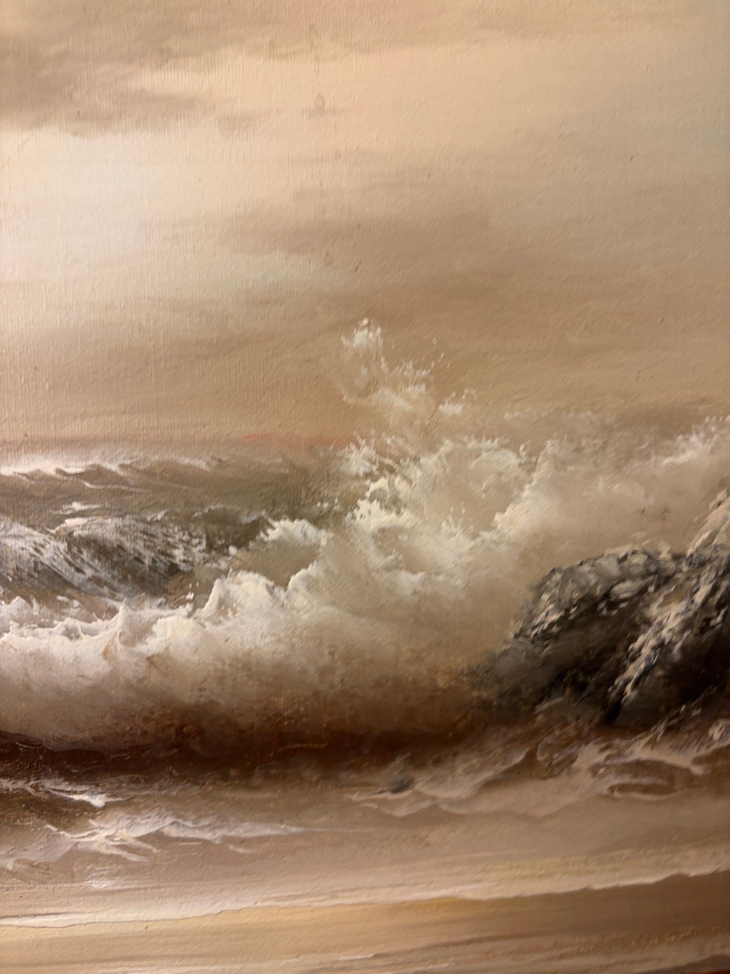 Muted Coastal Oil Painting in Dark Wood Frame