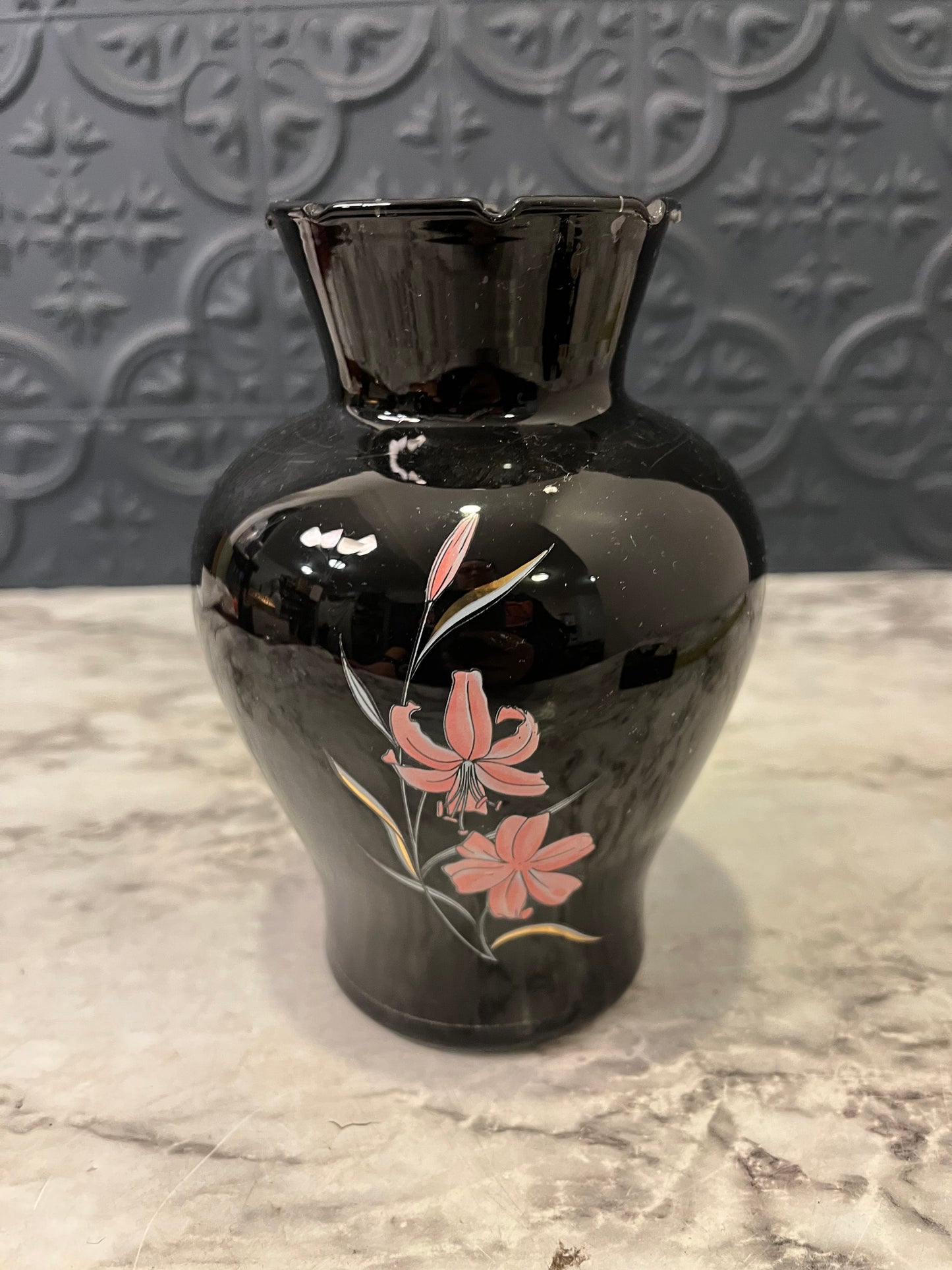 Black Glass Vase with Pink Lily