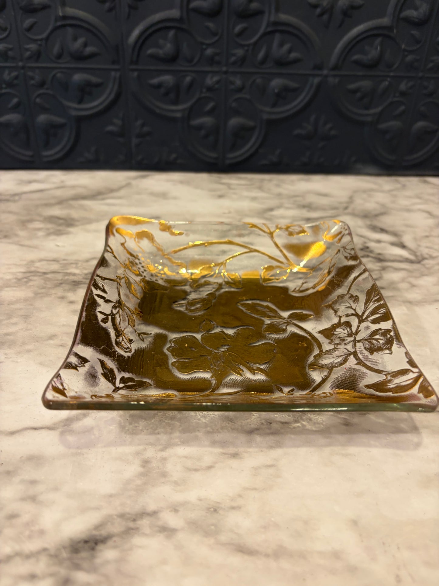 Square Gold and Glass Floral Plate