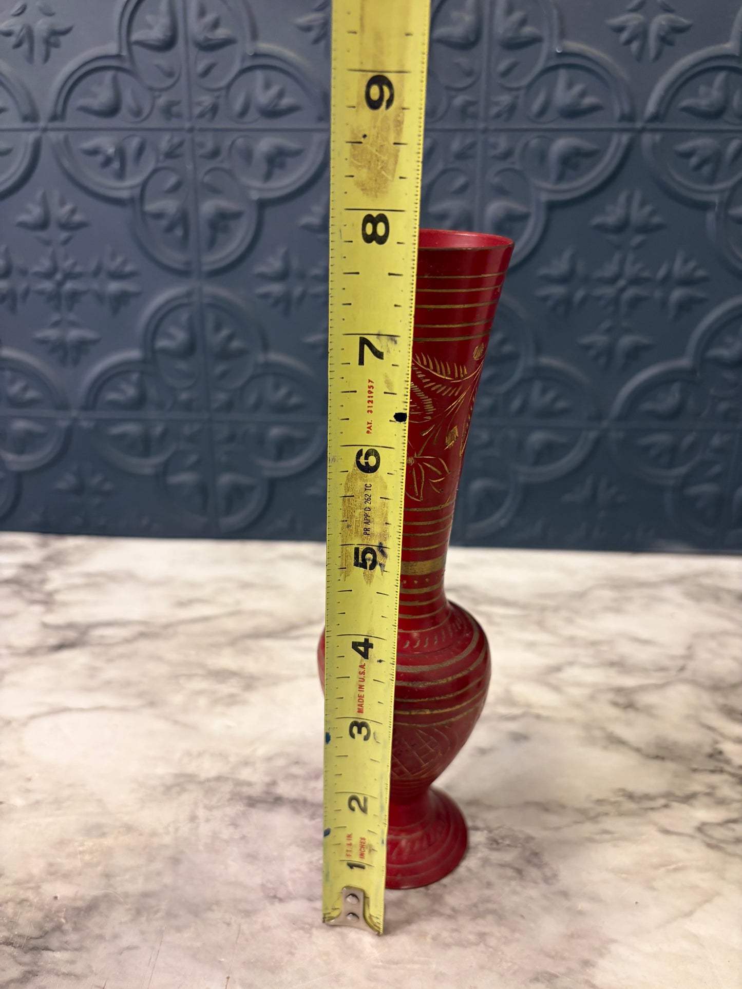 Brass and Red Etched Bud Vase