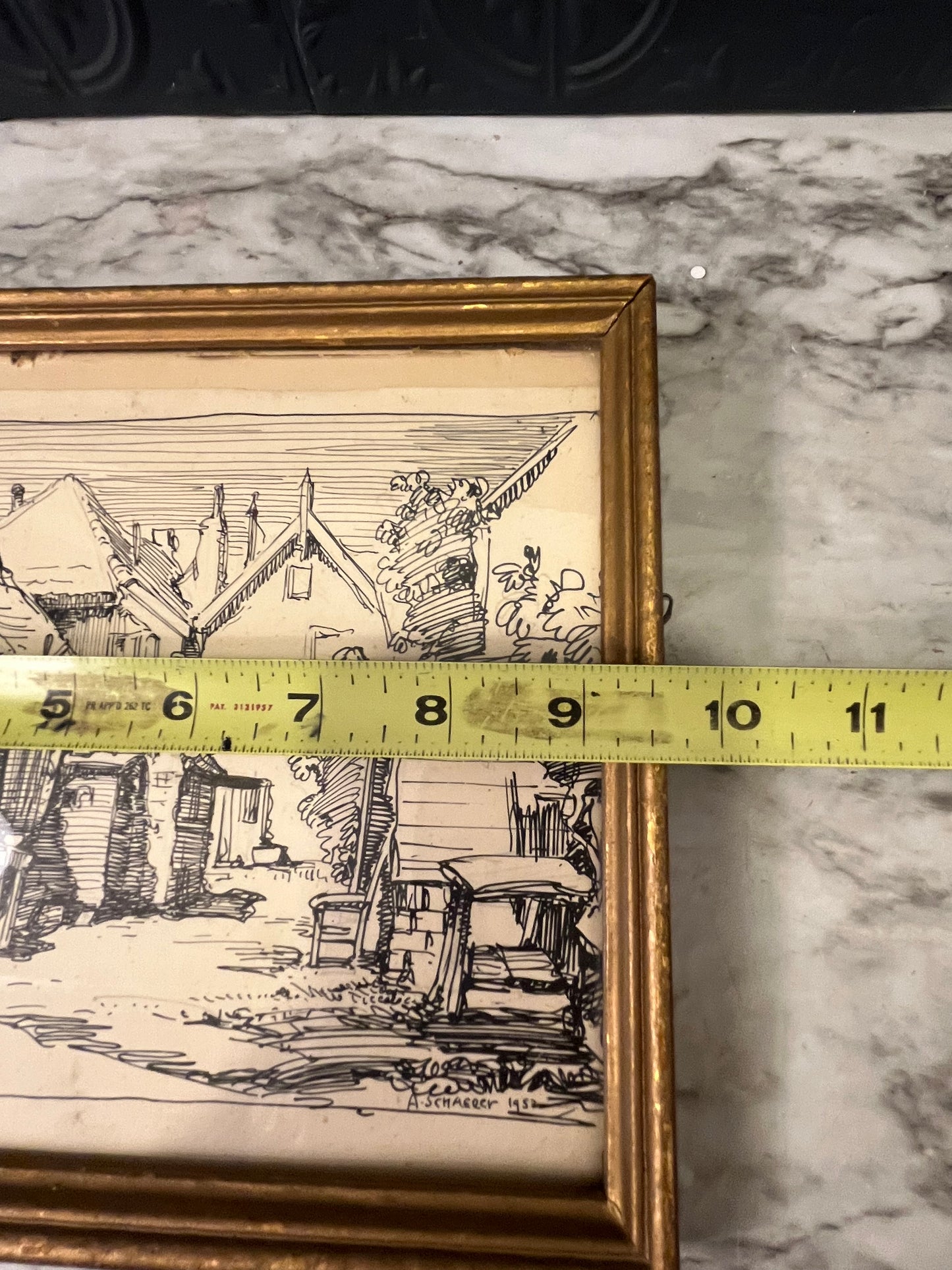 Ink Drawing in Gold Frame of Village