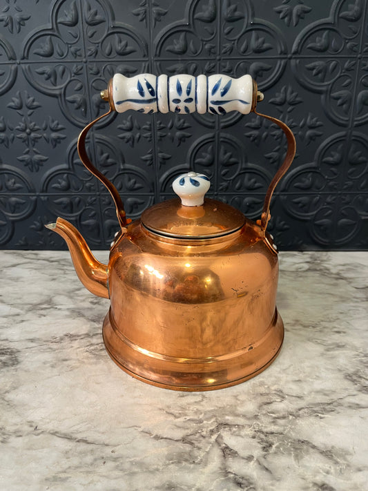 Copper Teapot with Blue and White Porcelain Handles