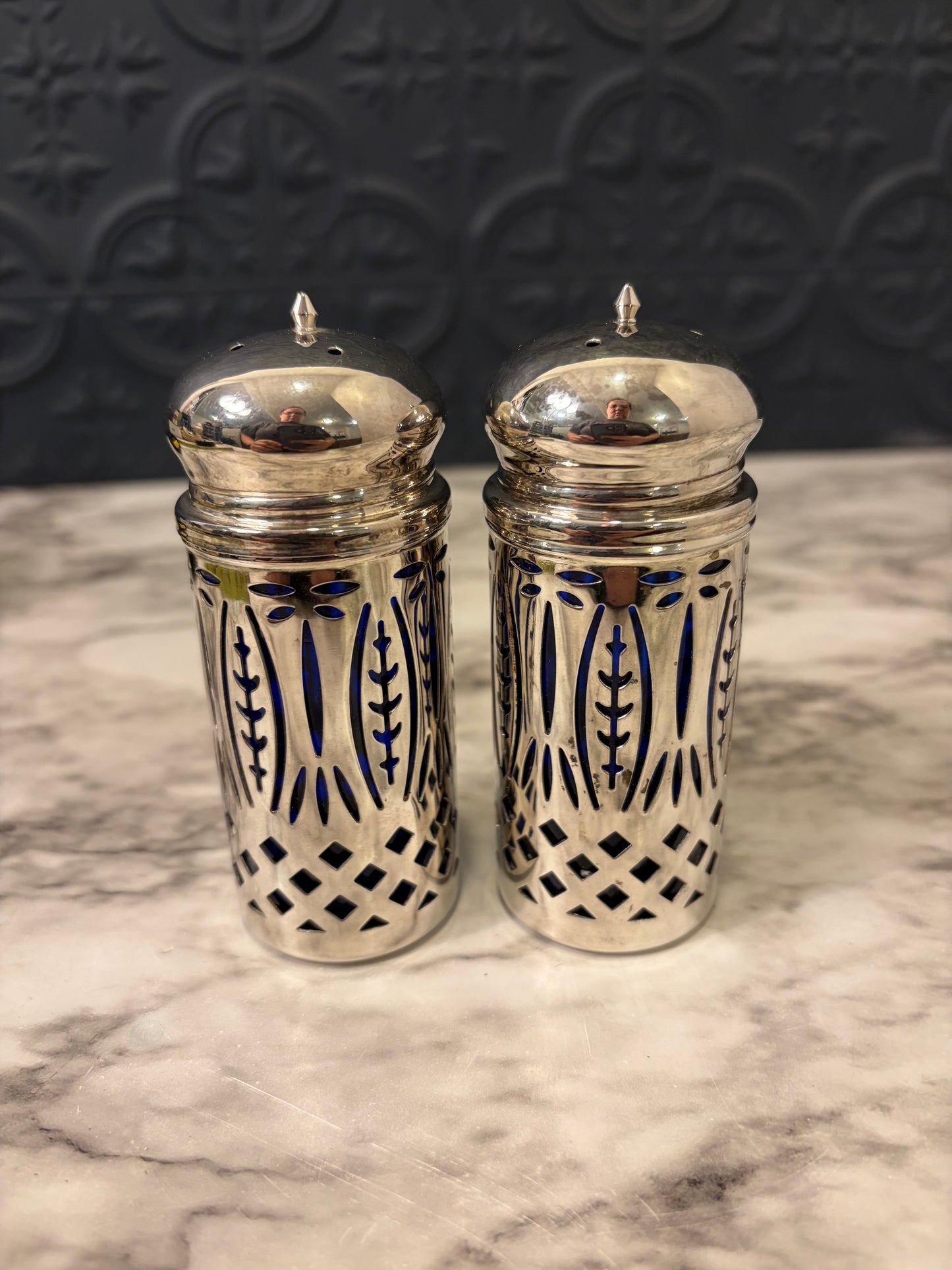 Cobalt Blue glass Silverplate Salt and Pepper Set