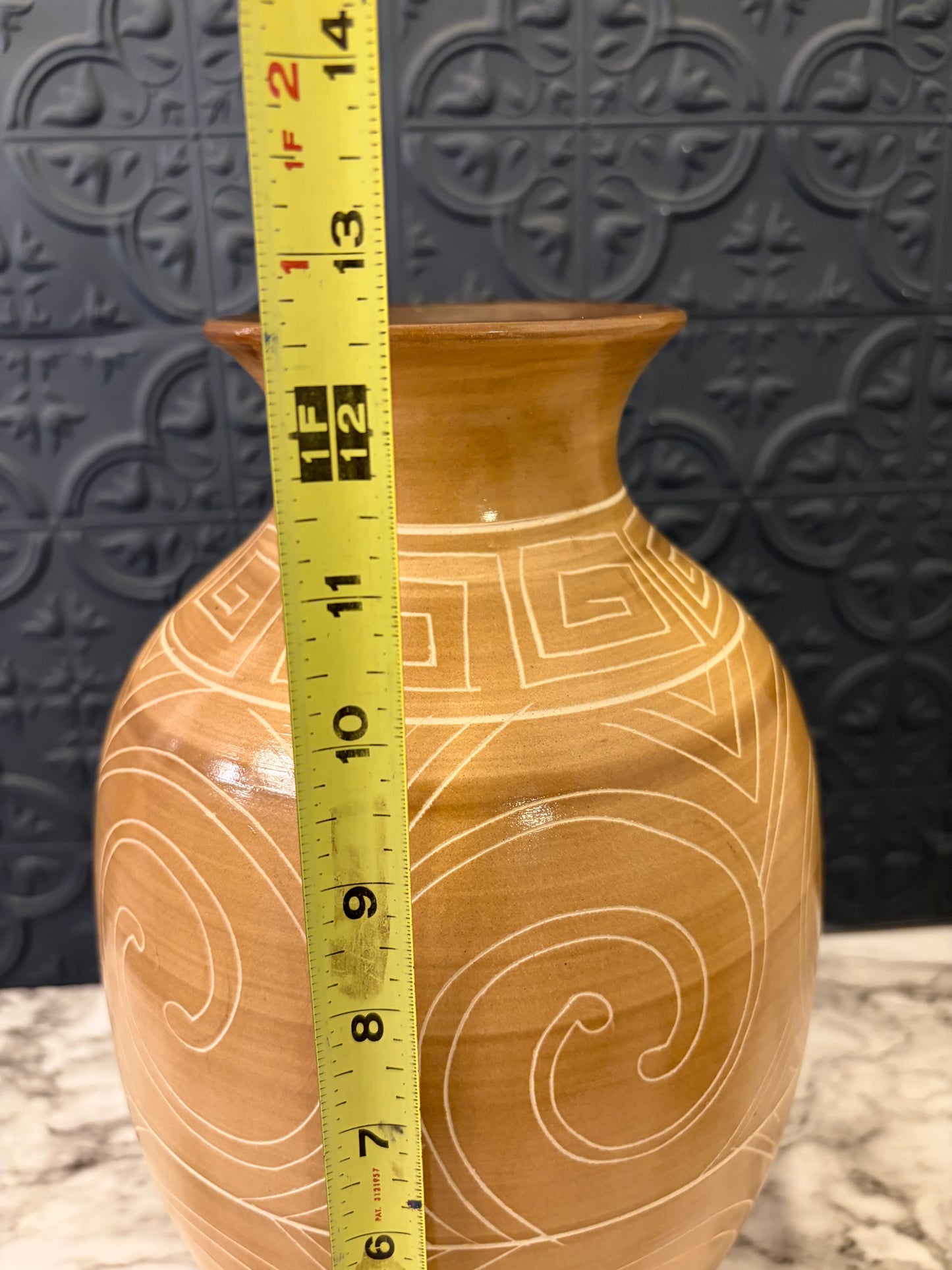 Tan Vase with Cream Greek Key Etching
