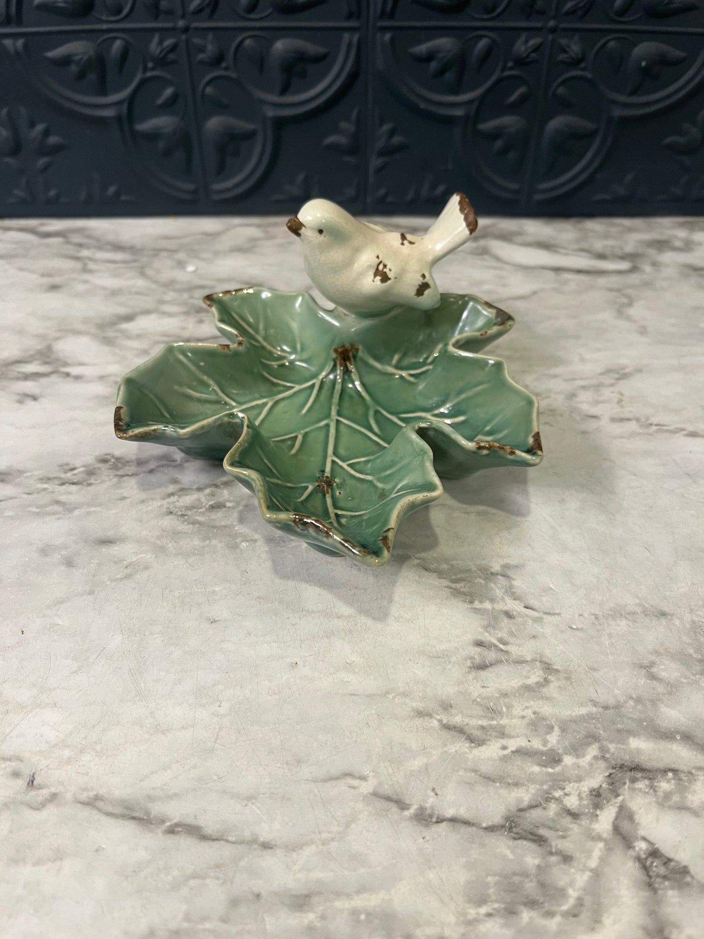 Ceramic Bird on Leaf Dish