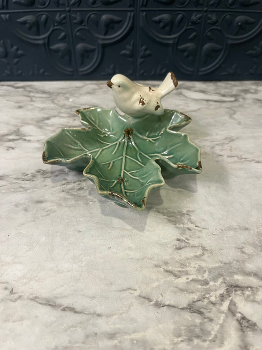 Ceramic Bird on Leaf Dish