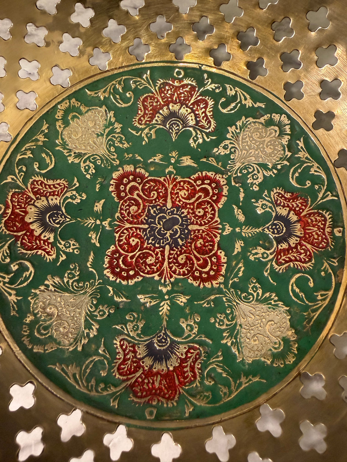Green and Red Enamel Bowl with Brass Cutouts 6.75"