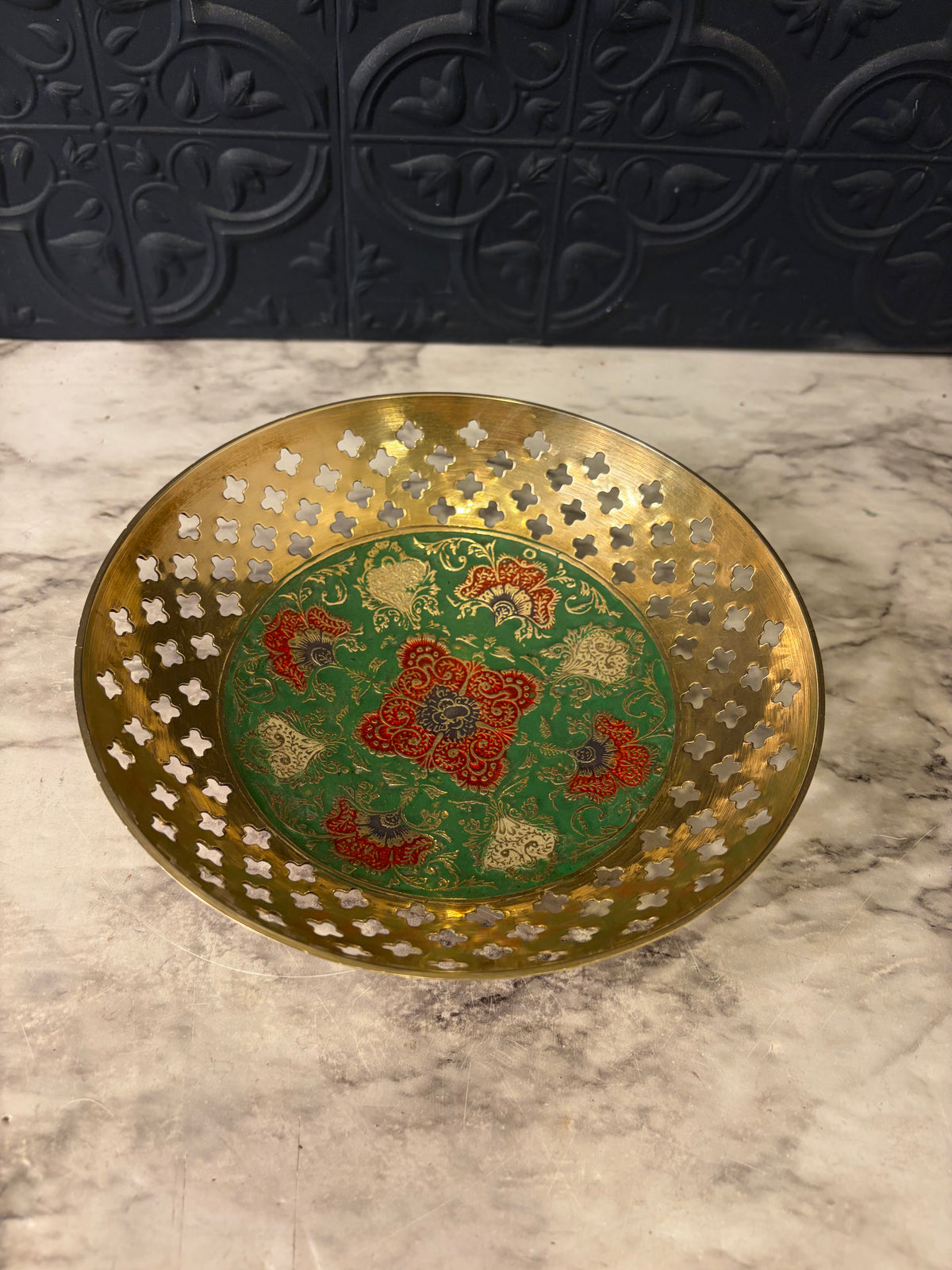 Green and Red Enamel Bowl with Brass Cutouts 6.75"