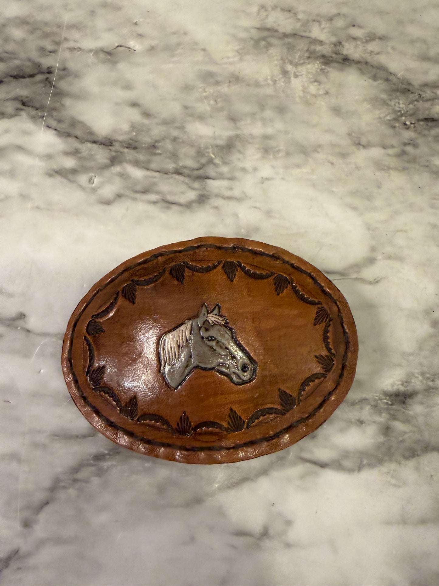 Leather Horse Tooled Belt Buckle