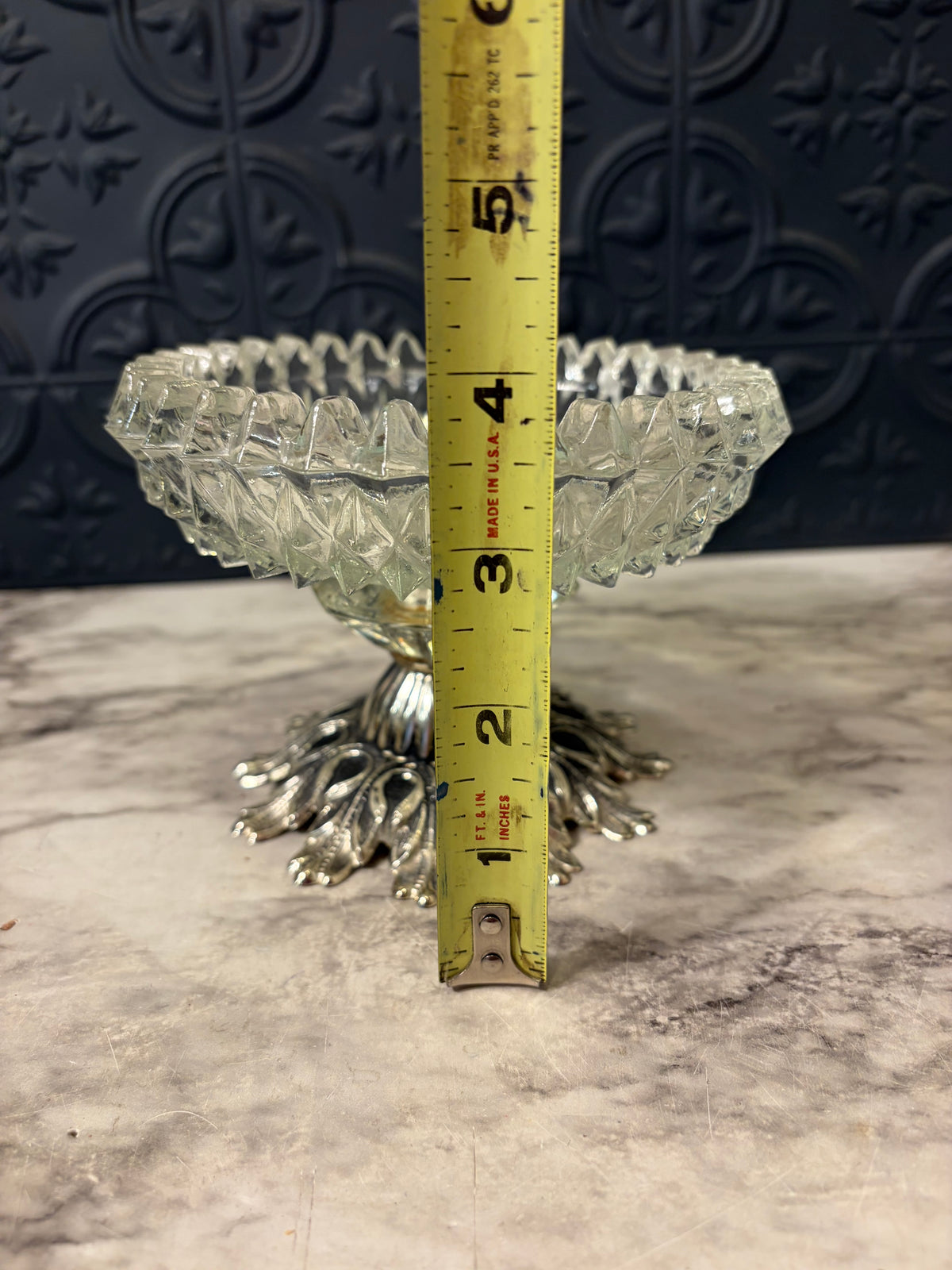 Pressed Glass Pedestal dish with Silver tone Metal Base