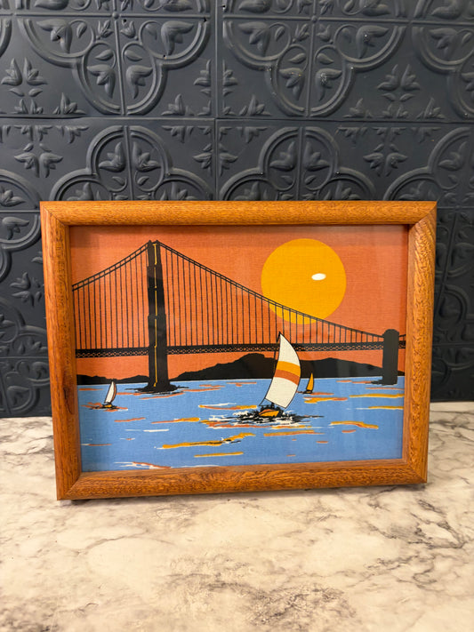 Screen Print of Sailboat on Fabric Framed