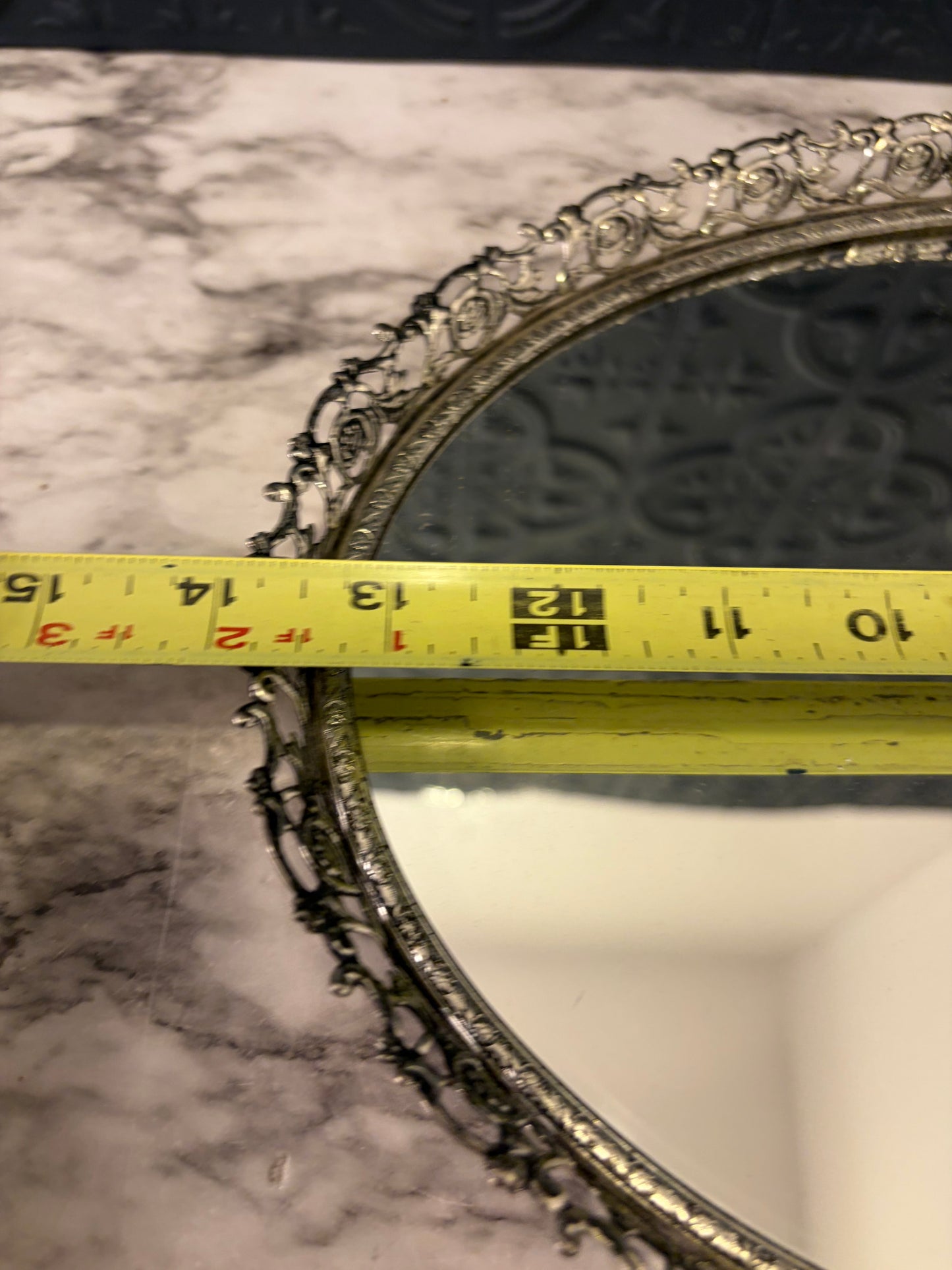 14" Silvertone Filigree Oval Mirror Tray
