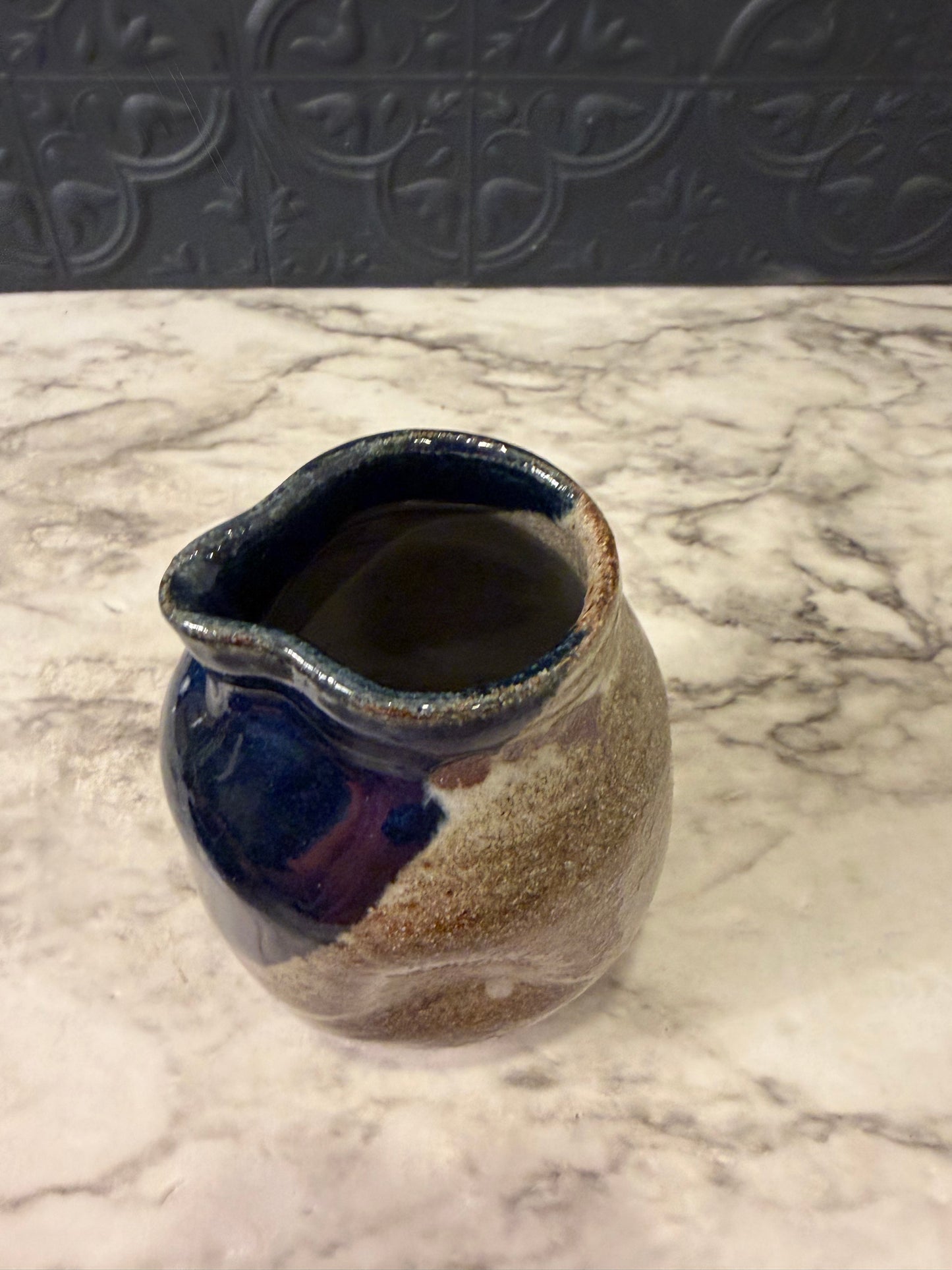 Blue and Brown Pottery Pitcher- Matoba KE Stamped