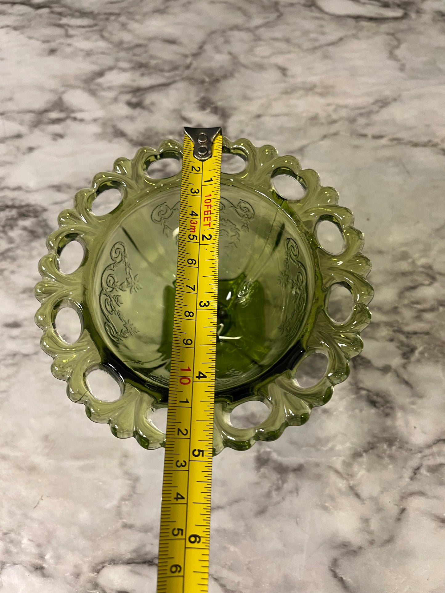 Green Glass Lace Edge Pedestal Bowl