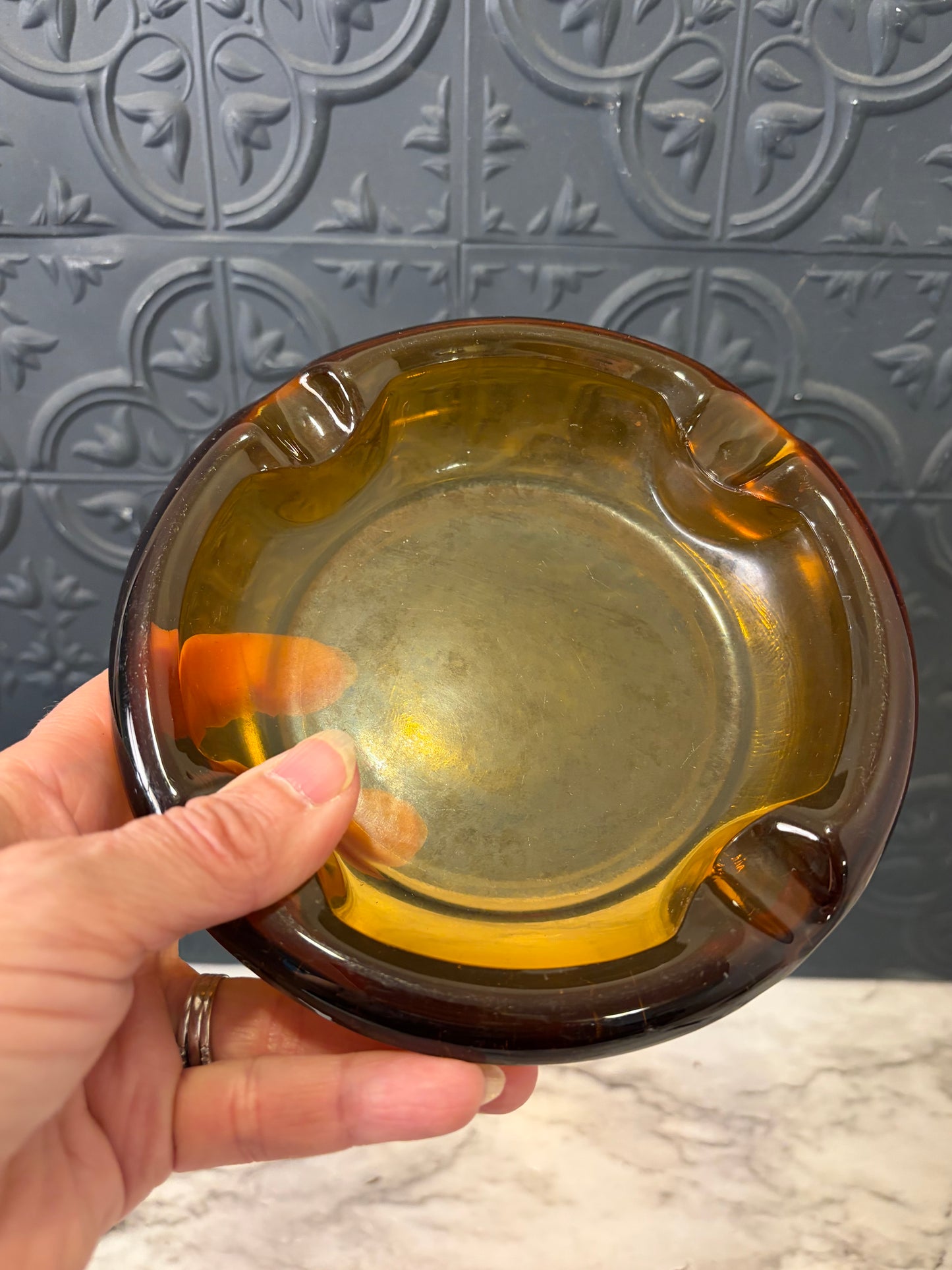 Amber Glass Round Ashtray 6"