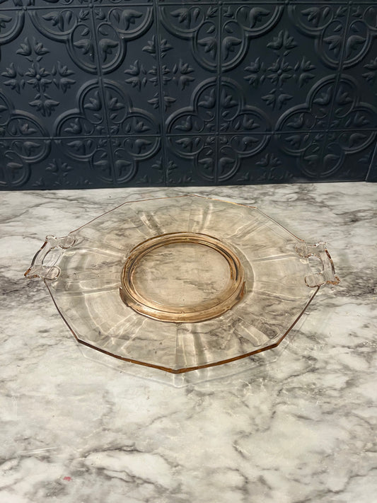 Pink Glass Serving Tray with Handles and ribbing