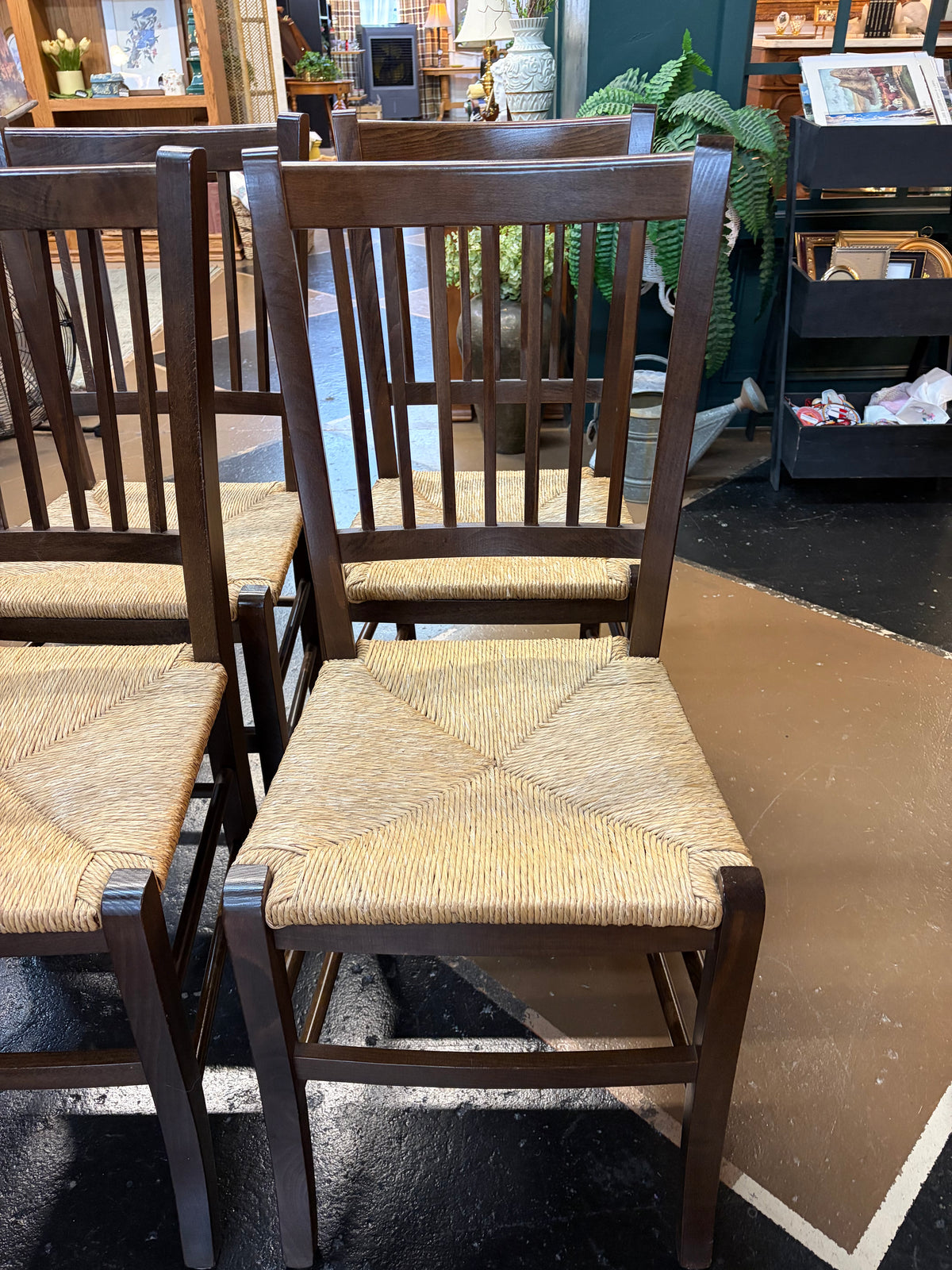 Set of 4 Dark Spindle Back Dining Chairs with Woven Seat